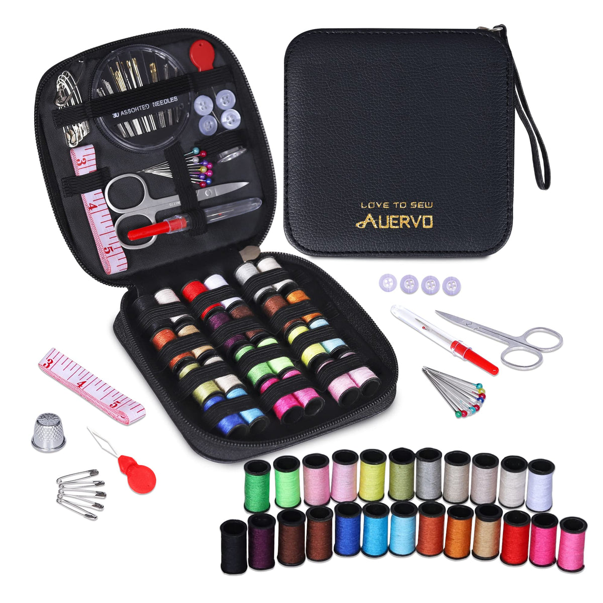 Sewing Kit, AUERVO Mini Basic Sewing Kits with Leather Case Thread and Needles Set for Adults, DIY,Home, Travel & Emergency with Zipper Compact Small Waterproof Durable Black