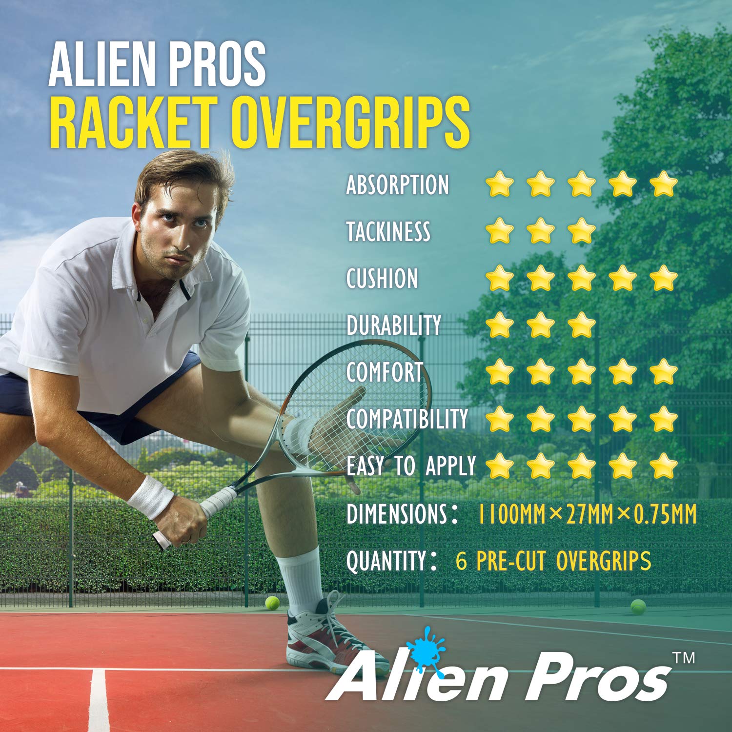 Alien Pros Tennis Racket Grip Tape (6 Grips) – Precut and Light Tac Feel Tennis Grip – Tennis Overgrip Grip Tape Tennis Racket – Wrap Your Racquet for High Performance (6 Grips, White)