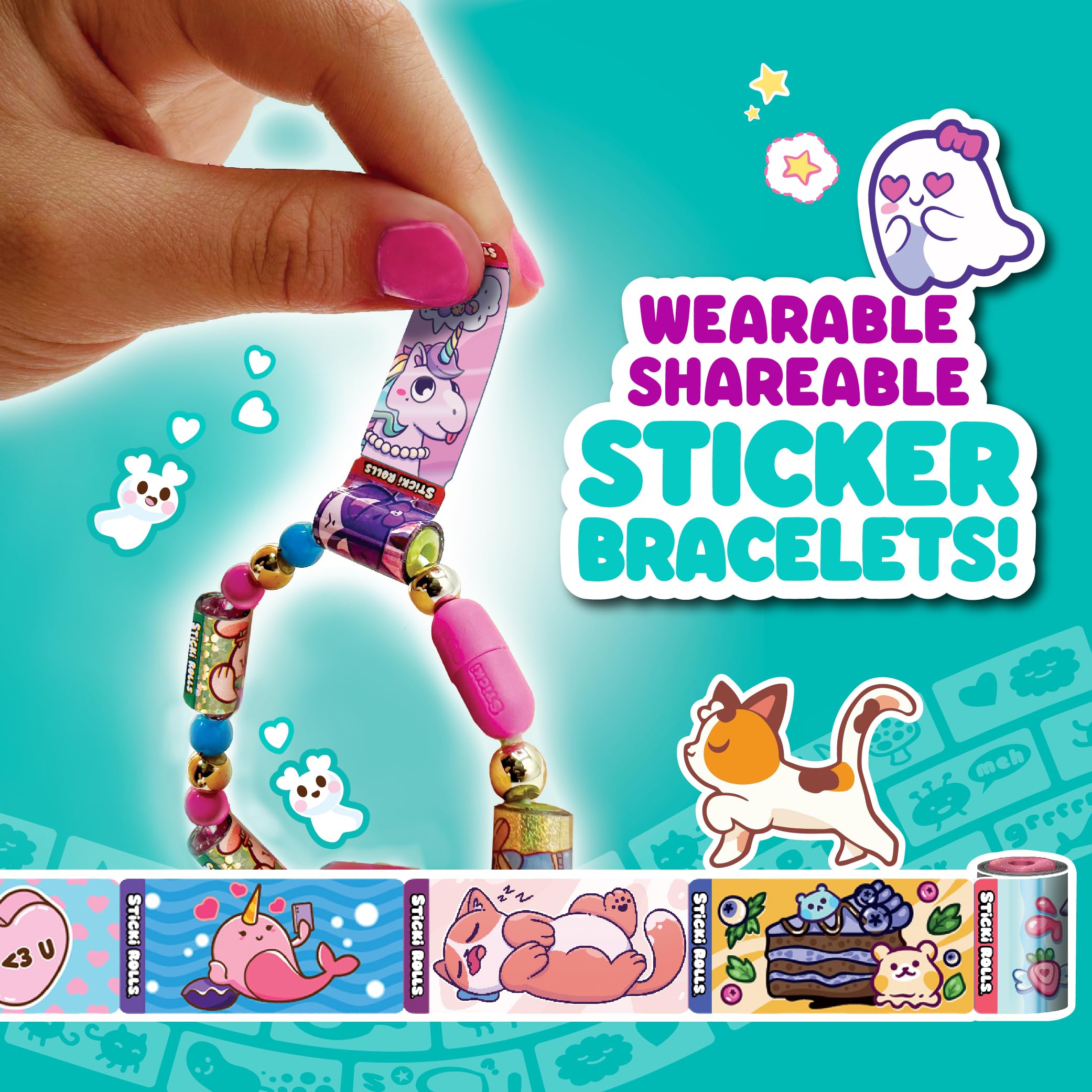 Sticki Rolls Sticki Bands, Wearable & Shareable Sticker Bracelet, 70 Mini Stickers, Assorted colours and styles