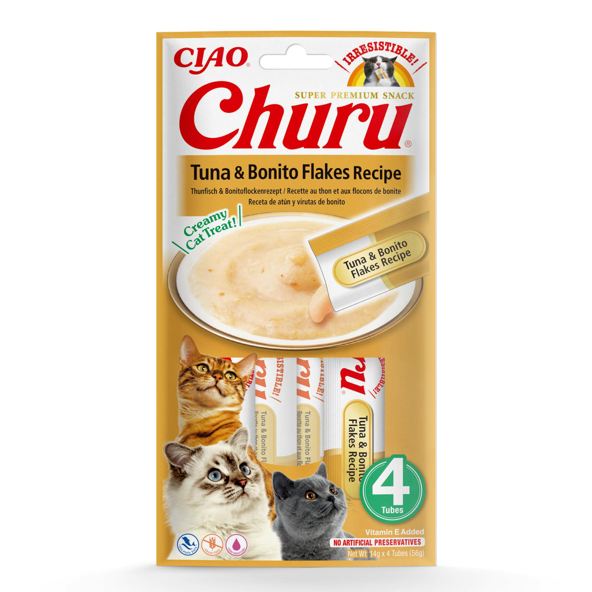 Ciao Churu Sticks by INABA Cat Treat -Tuna & Bonito Flakes Flavour (4 x 14g) / Soft & Creamy Cat Treat, Delicious & Healthy Snack, Purée Food Topper, Pill Assist, Natural, Grain Free