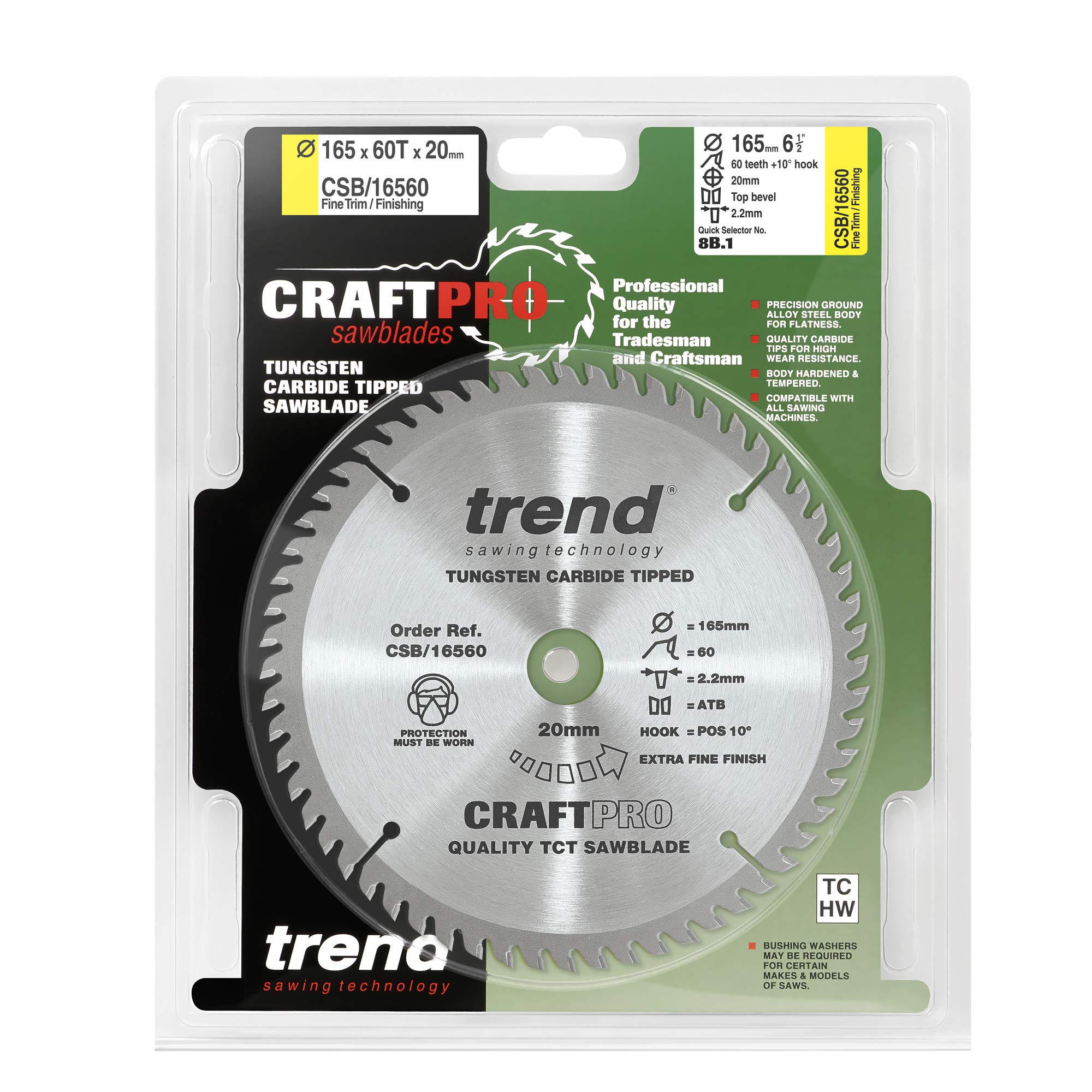 Trend CraftPro TCT Extra Fine Trim Finishing Plunge Saw Blade for Wood, 165mm Diameter, 20mm Bore, 60 Teeth, 2.4mm Kerf, and10° Hook, CSB/16560