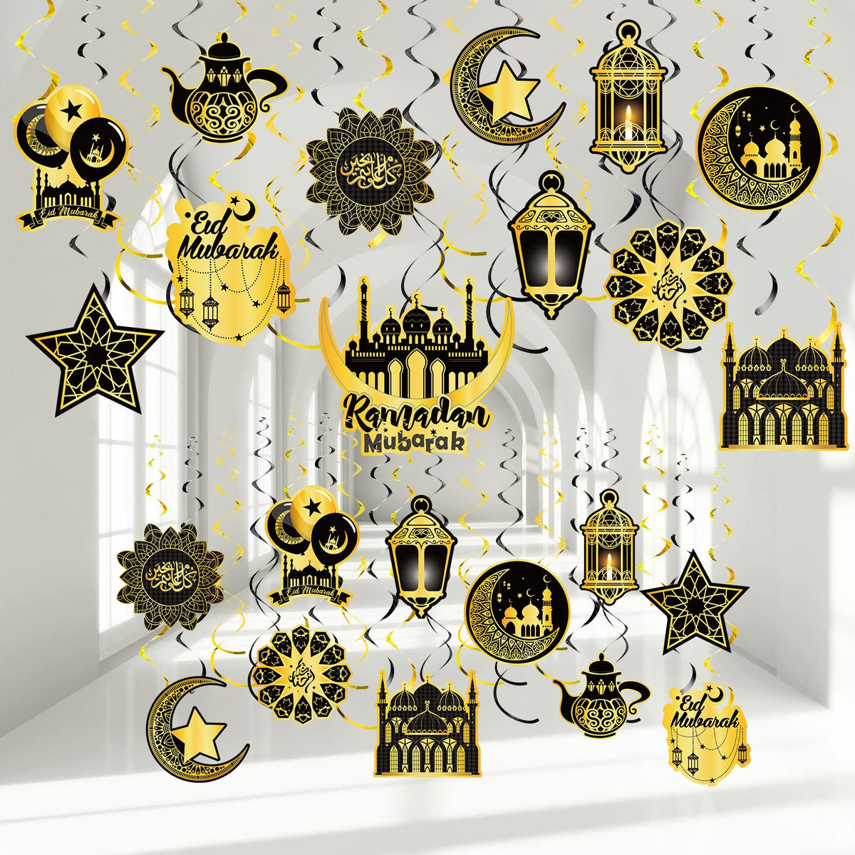 30 Pieces Ramadan Mubarak Decorations, Eid Mubarak Hanging Swirl Shining Gold Star Moon Lantern Ceiling Foil Decor for Eid Al-fitr Party Egyptian Holiday Decorations Supplies (Black and Gold)