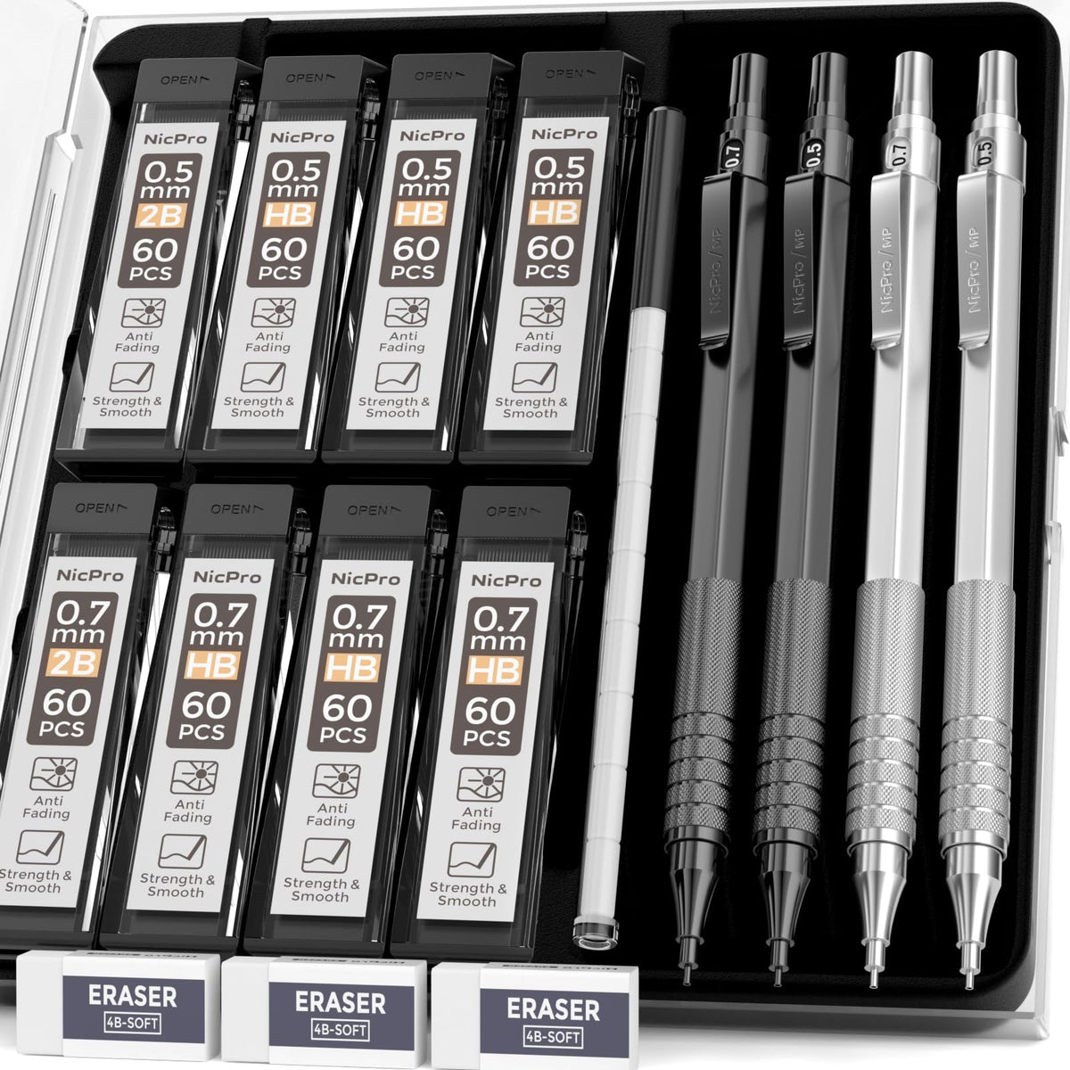 Nicpro 4 Pack Mechanical Pencils 0.5mm & 0.7 mm with Case, MP1000 Metal Artist Pencil Set with 8 Tubes HB & 2B Lead Refills, 3 Eraser, 9 Eraser Refills For Art Writing Drafting Drawing,Black & Silver