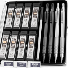 Nicpro 4 Pack Mechanical Pencils 0.5mm & 0.7 mm with Case, MP1000 Metal Artist Pencil Set with 8 Tubes HB & 2B Lead Refills, 3 Eraser, 9 Eraser Refills For Art Writing Drafting Drawing,Black & Silver