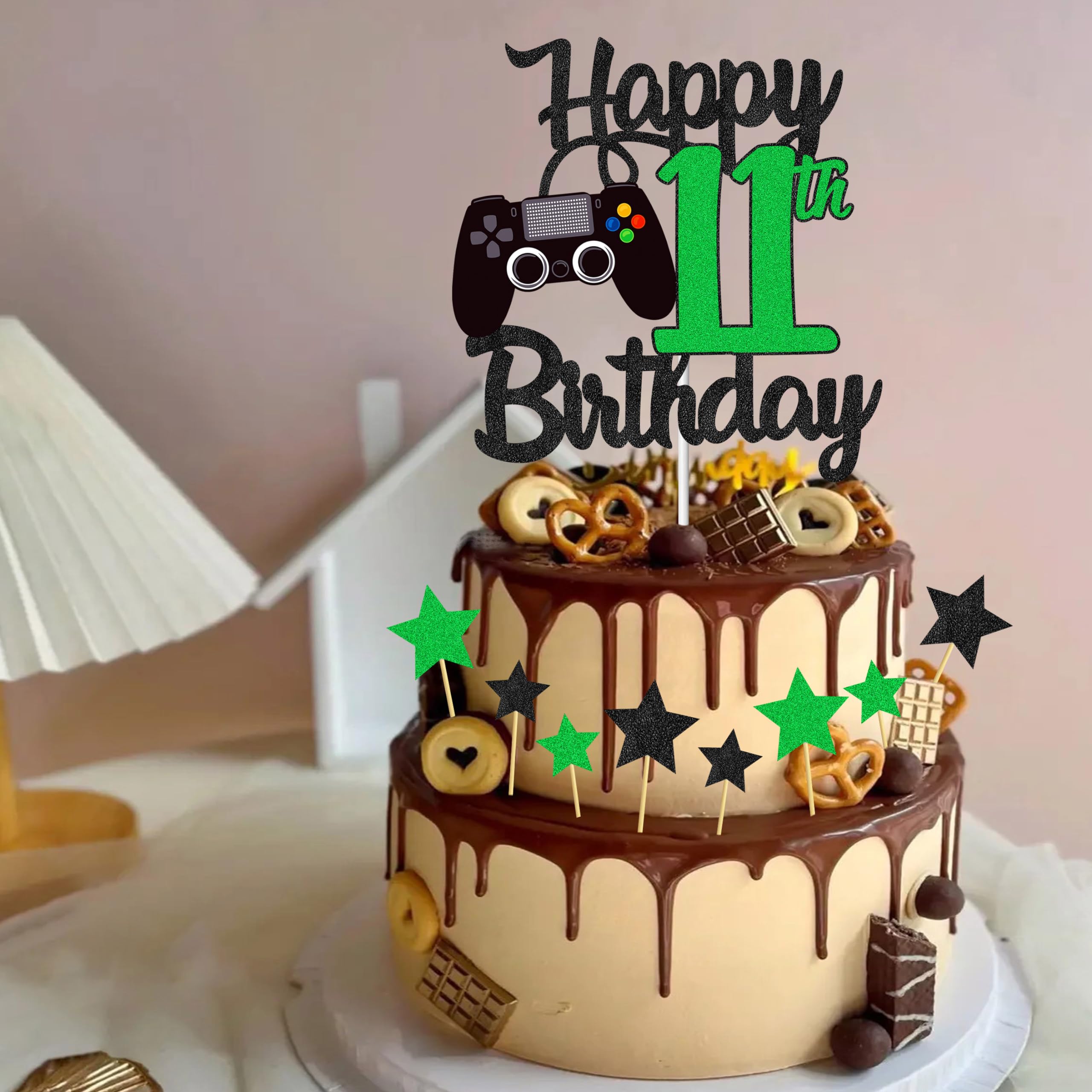 Joyeah Happy 11th Birthday Cake Topper Glitter Video Game Cake Pick Game On Cheers to 11 Years Cake Decoration for Game Theme Happy 11th Birthday Party Supplies Green