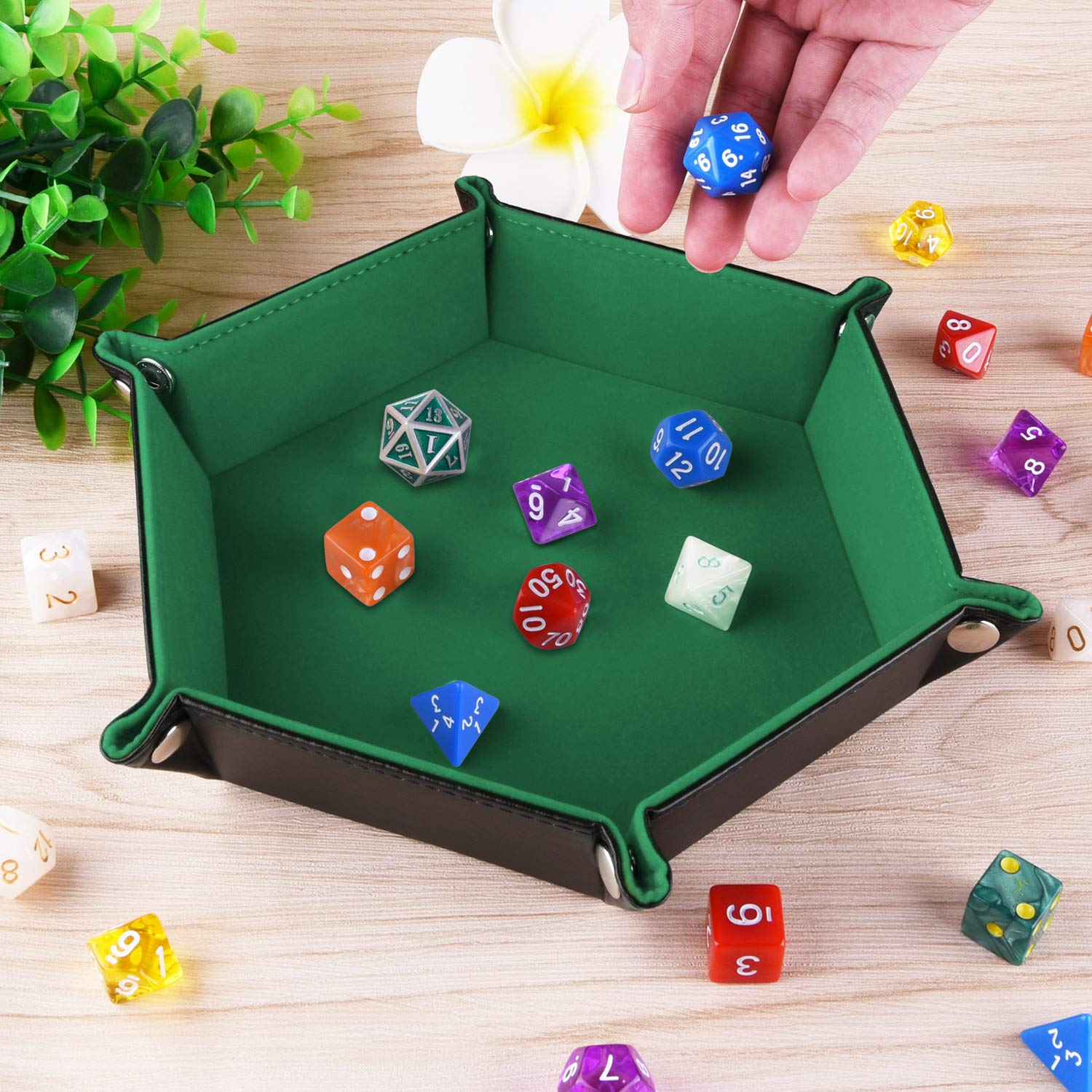 SIQUK Double Sided Dice Tray, Folding Hexagon PU Leather and Dark Green Velvet Dice Holder for Dungeons and Dragons RPG Dice Gaming D&D and Other Table Games