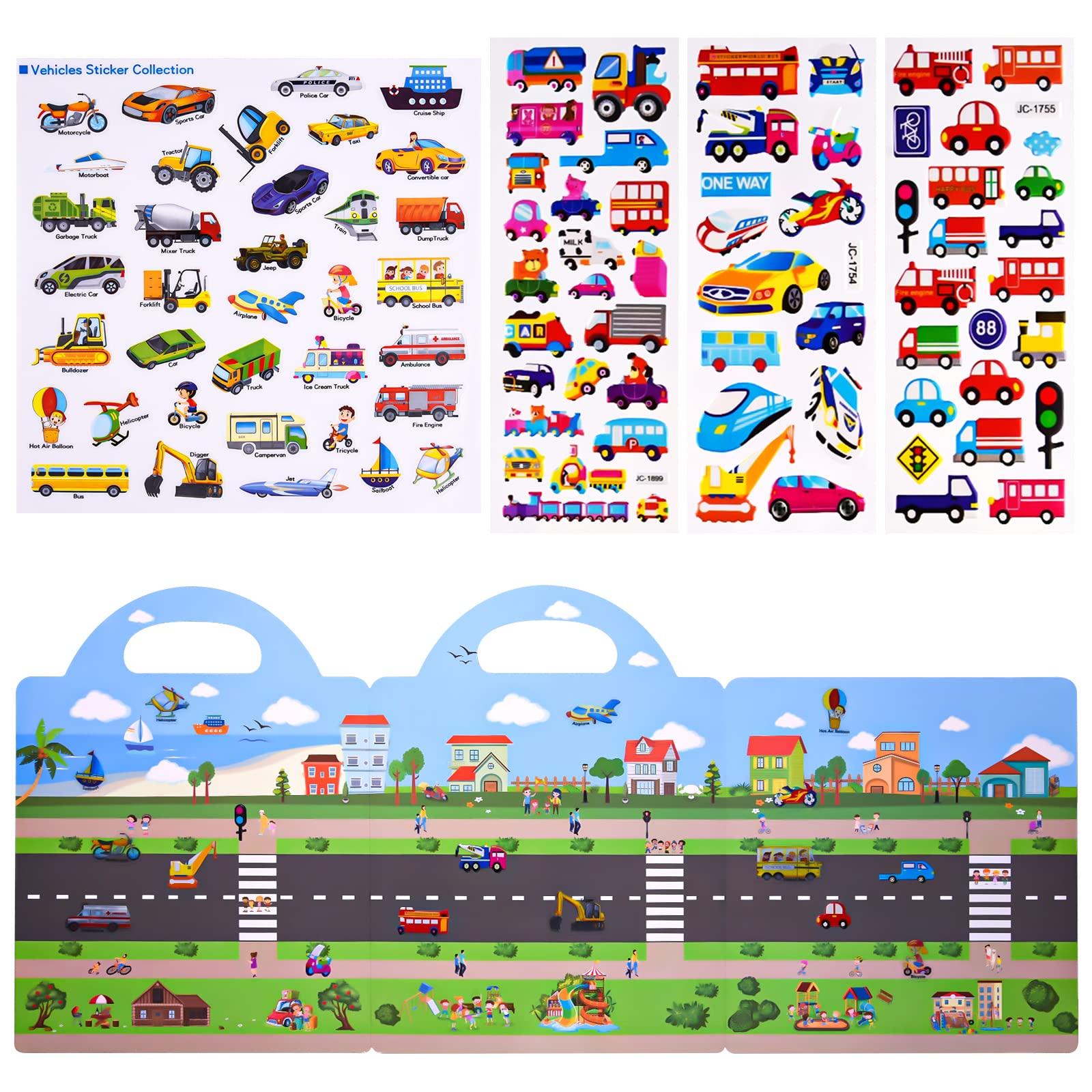 ASTARON Reusable 3D Puffy Sticker Book for Kids, 88 Pcs Cute Waterproof Vehicles Stickers, Puffy Sticker Game Travel Stickers and Educational Sensory Learning Toy（3-6 Age）