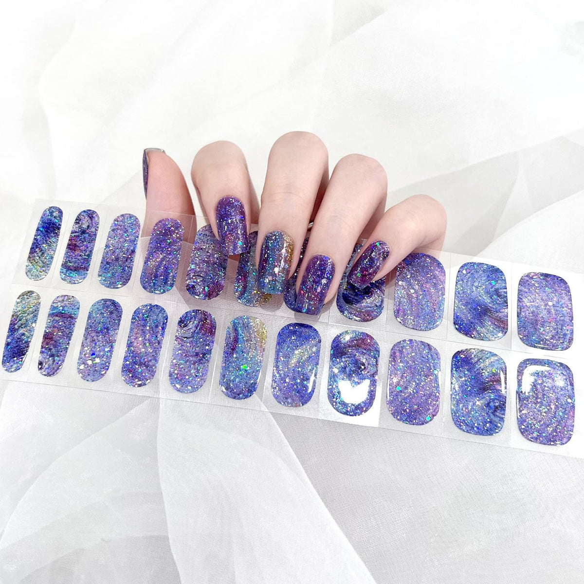 22PCS Semi Cured Gel Nails Strips, Self-Adhesive Full Wraps Gel Nail Polish Stickers, Long Lasting Gel Nail Stickers with Soft Glossy Gel Finish, Blue Starry Night Design French Manicure Stickers