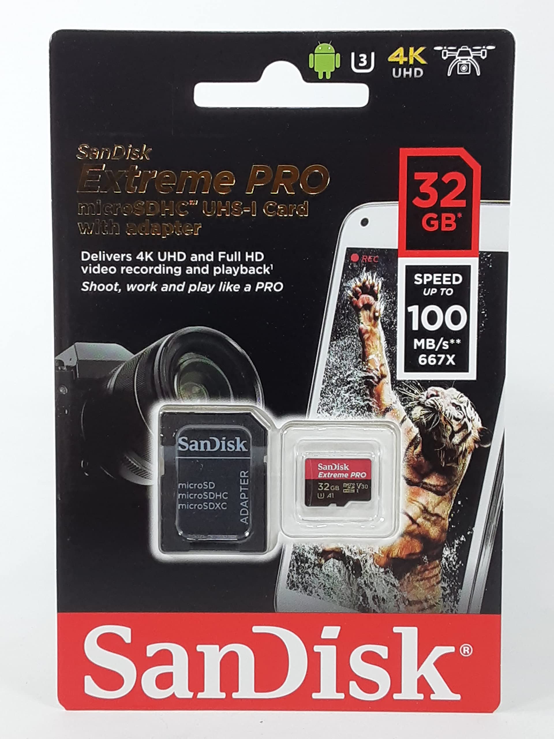 SanDisk Extreme Pro 32 GB microSDHC Memory Card and SD Adapter with A1 App Performance and Rescue Pro Deluxe 100 MB/s Class 10, UHS-I, U3, V30 SDSQXCG-032G-GN6MA, Red/Gold