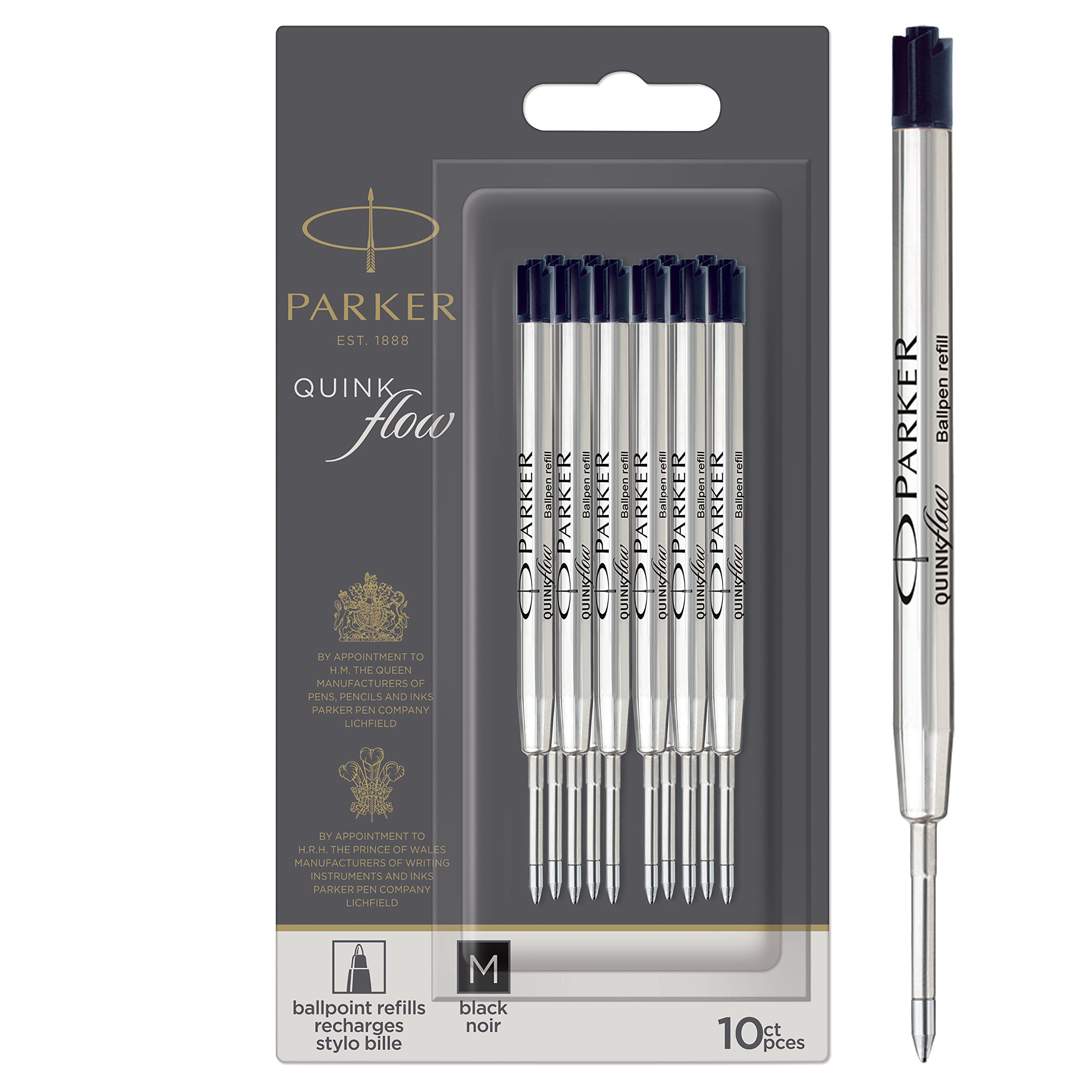 Parker Ballpoint Pen Refills   Medium Point   Black QUINKflow Ink   10 Count