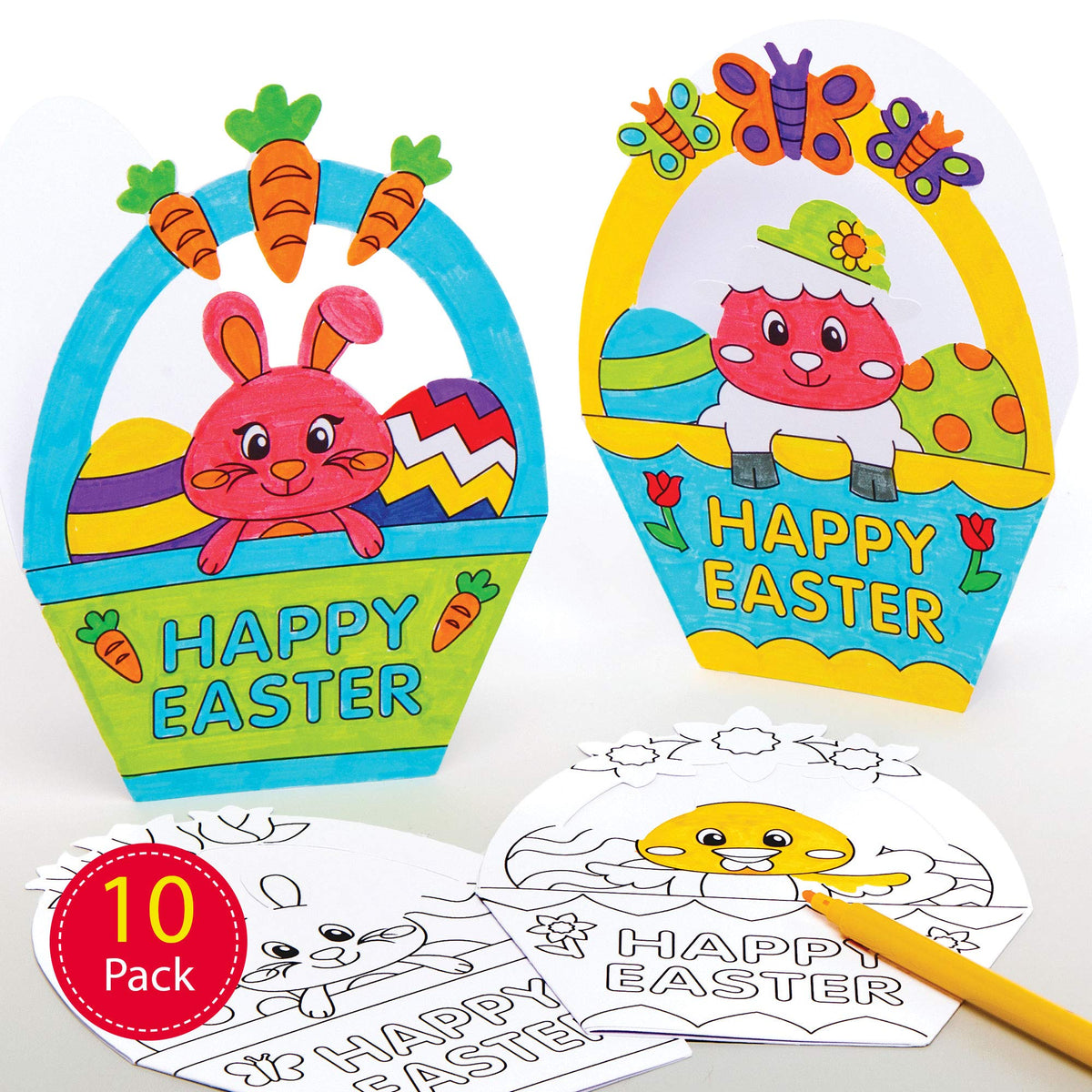 Baker Ross AT516 Easter Basket Colour in Cards - Pack of 10, Creative Easter Art and Craft Supplies for Kids to Make and Decorate, White