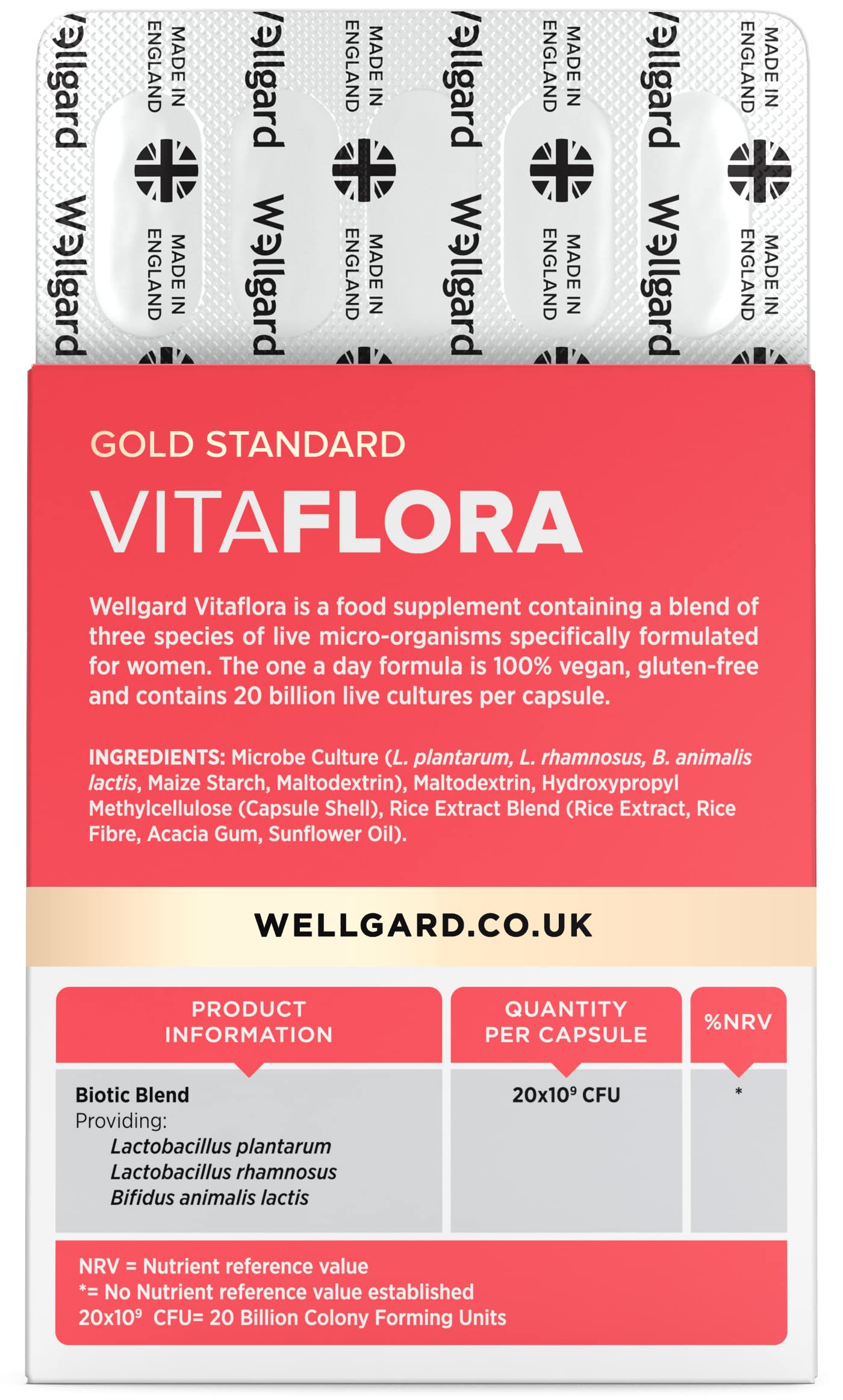 Wellgard Vitaflora Probiotics for Women - Scientifically Proven Bio Cultures for Women’s Intimate Flora, 30 Capsules, Made in UK