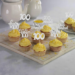 30Pcs Happy 100th Birthday Cupcake Toppers Silver Glitter One Hundred Cheers to 100 Years Old Birthday Cupcake Picks for 100th Birthday Anniversary Party Cake Decorations