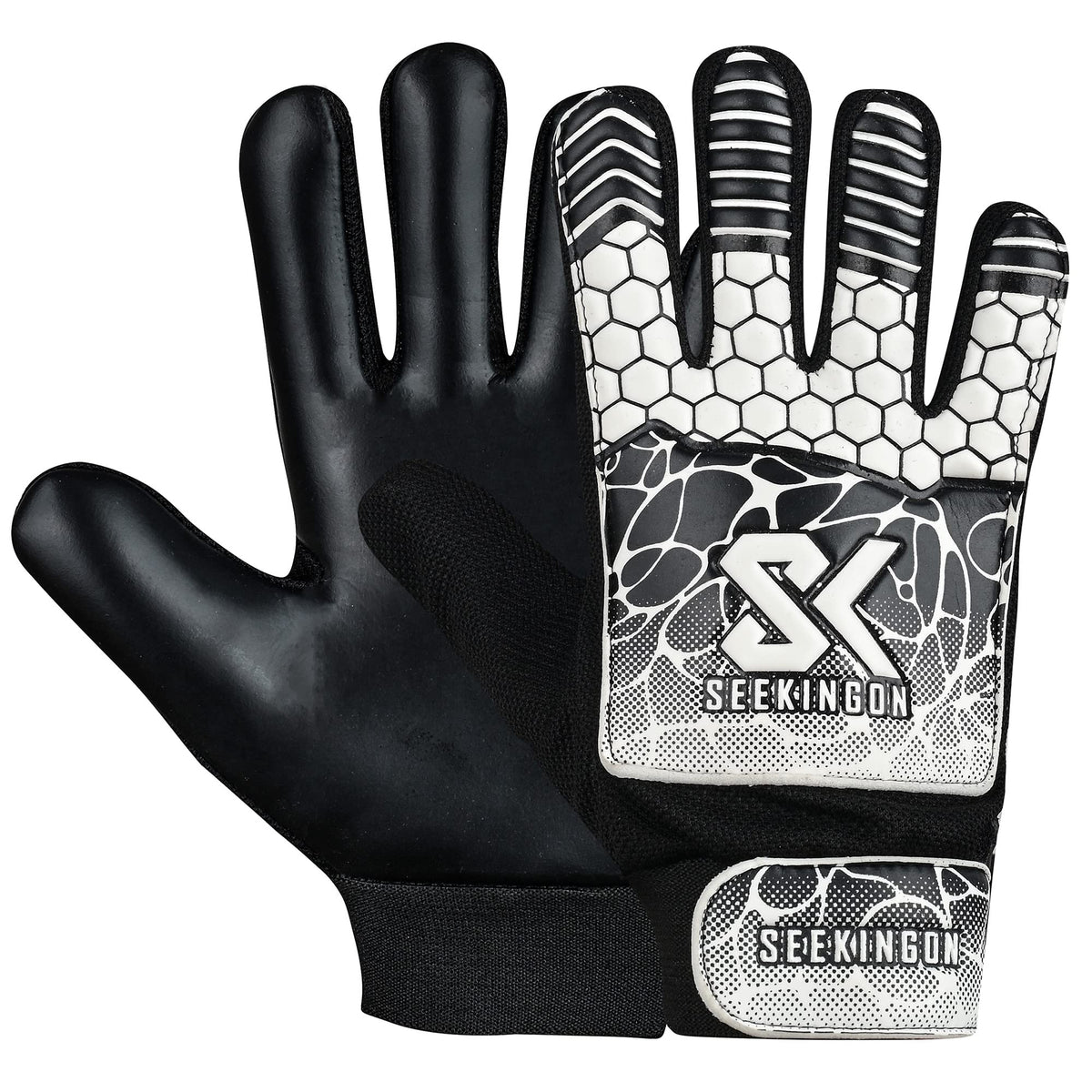 Seekingon Goalkeeper Gloves Kids, Children, Football Training Gloves with Premium Grip, Weather-resistant, Breathable, Latex Goalie Gloves Sizes 4/5/6/7 (Black/White, 5 for 9-12 years)