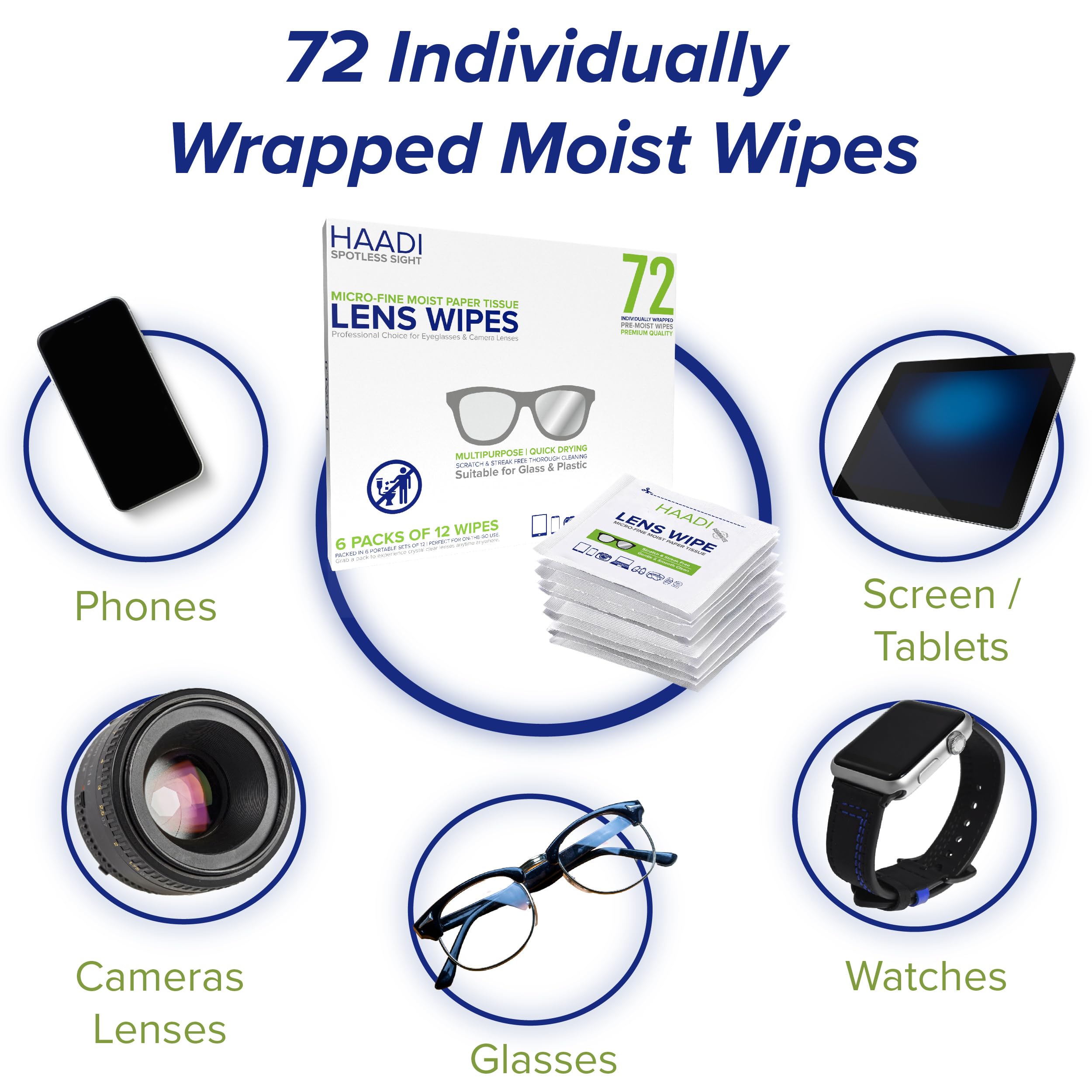 Glasses Cleaner Wipes 72 Individually Wrapped Lens Wipes Multipurpose Suitable for Spectacle Lenses, Cameras, Binoculars, Mirrors, Screens, Optical and Electronic Devices