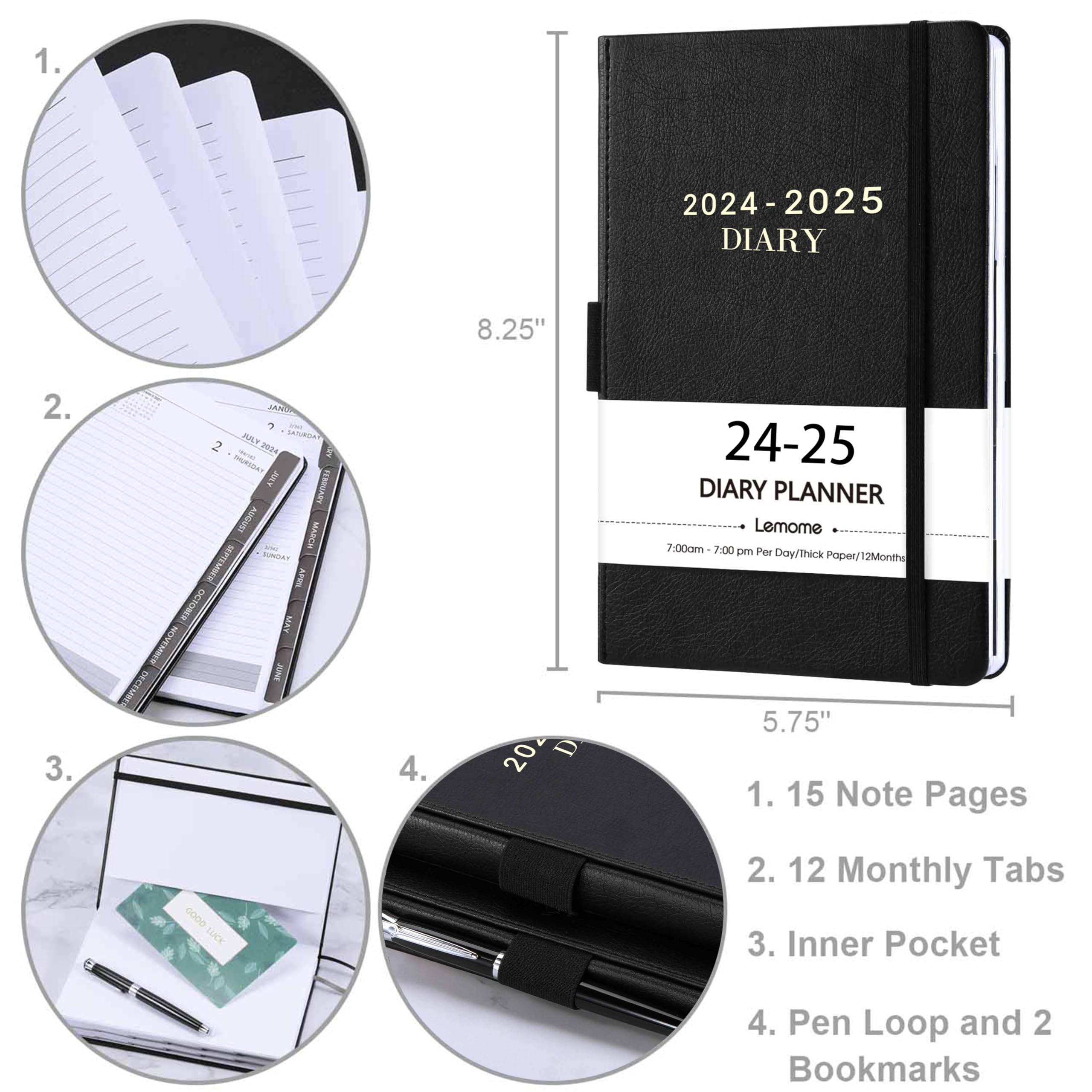 Academic Diary 2024-2025 - Diary 2024-2025 A5 Page A Day from July 2024 to June 2025, Productivity Daily Planner with Monthly Tabs, Inner Pocket, Grey, Banded,14.3 X 21 cm