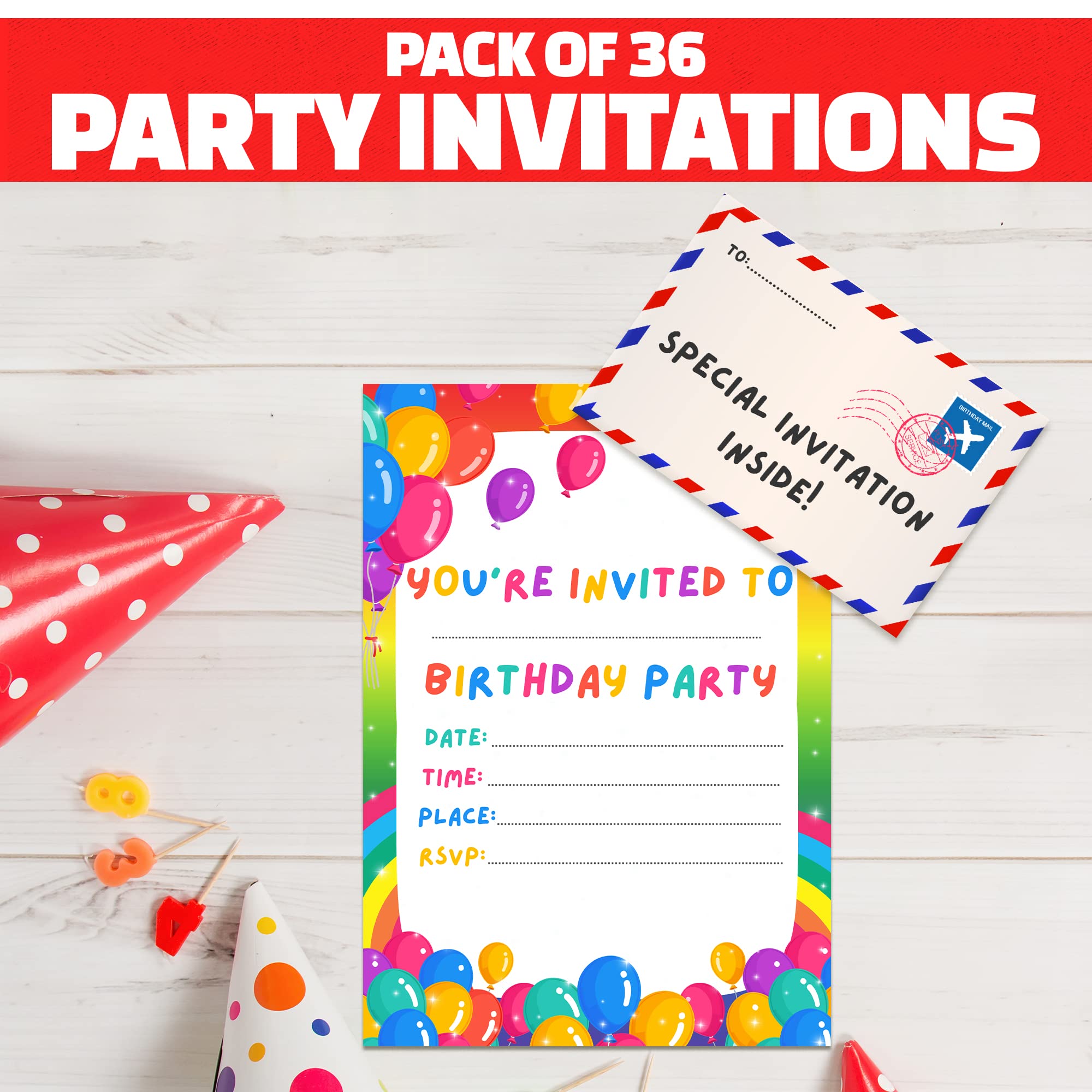 BestaFiesta 36 Kids Childrens Birthday Party Invitations Kids Invites with Folding Envelope Design and Holographic Stickers (Rainbow)