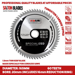 Saxton TCT16560T 165mm x 60t TCT Thin Kerf Cordless Circular Saw Blade Compatible with Dewalt Makita