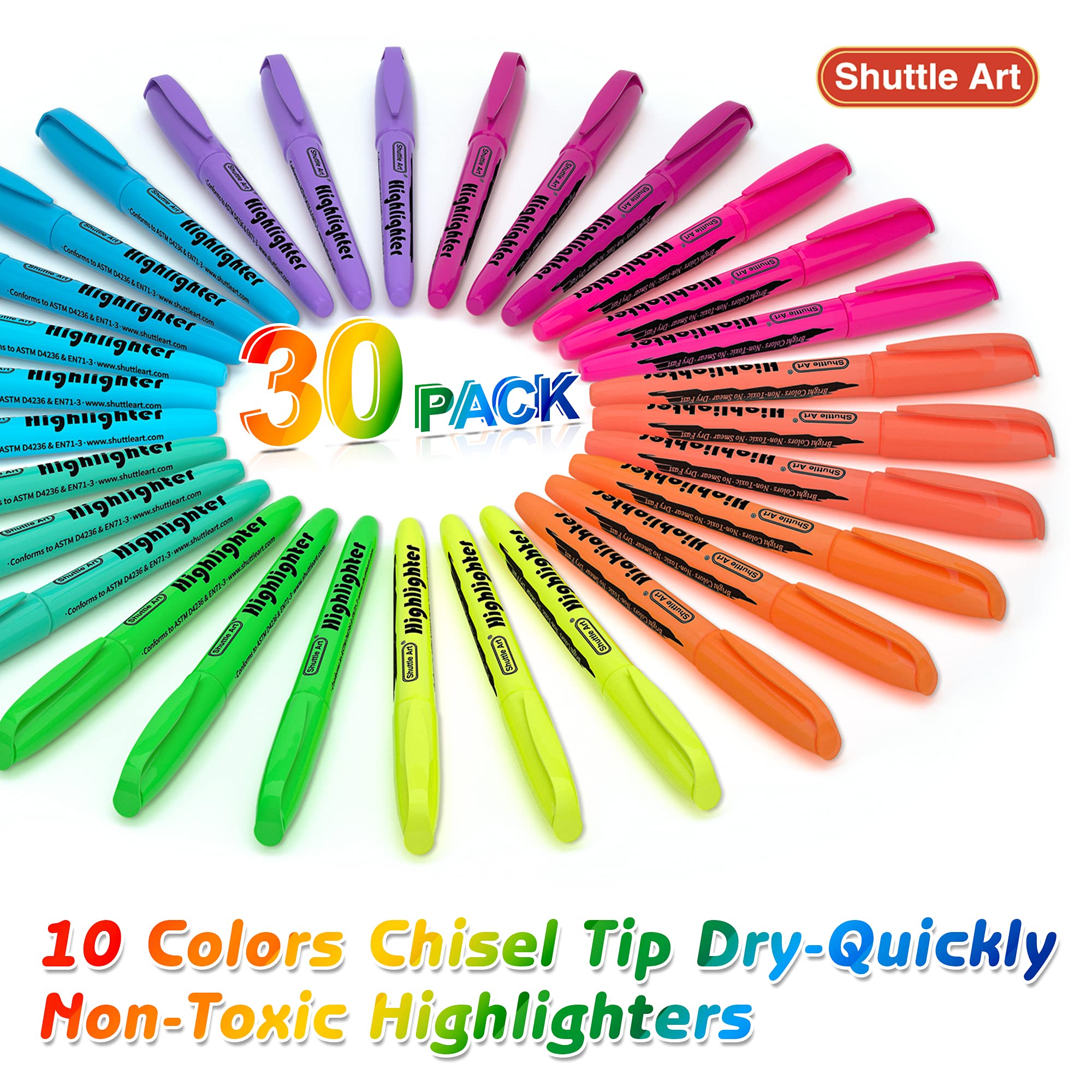 Shuttle Art Highlighters, 30 Pack Highlighters Assorted Colours, 10 Colours Chisel Tip Dry-Quickly Non-Toxic Highlighter markers for Adults Kids Highlighting in the Home School Office