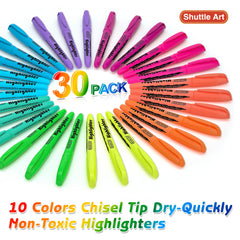 Shuttle Art Highlighters, 30 Pack Highlighters Assorted Colours, 10 Colours Chisel Tip Dry-Quickly Non-Toxic Highlighter markers for Adults Kids Highlighting in the Home School Office