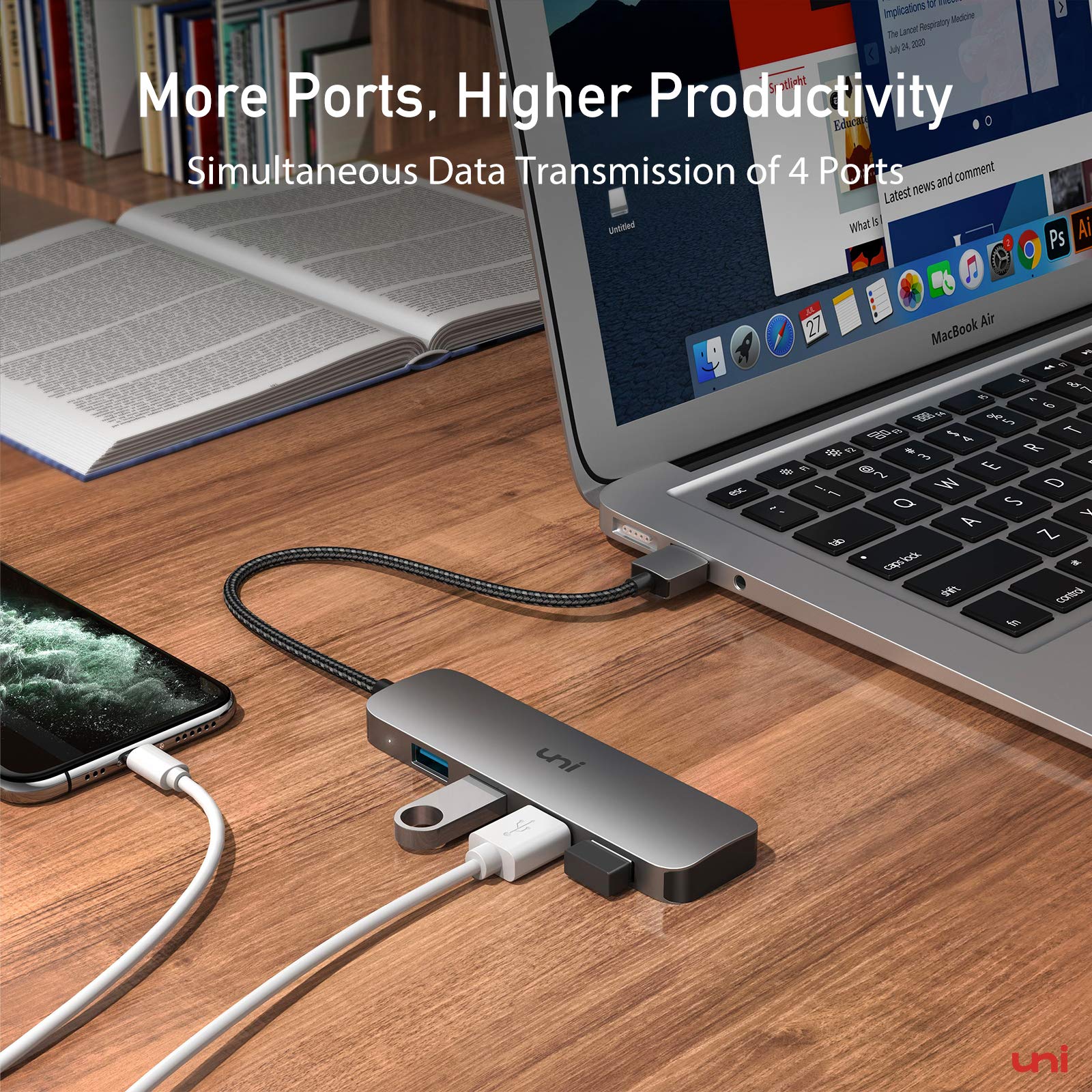 uni USB Hub 3.0, Ultra Slim 4 Port USB Splitter 5Gbps, Sturdy Aluminum Multiple USB Port Extension Hub for Laptop, Keyboard, Mouse, MacBook Air, Mac Pro, iMac, Surface Pro, Flash Drive, Mobile HDD