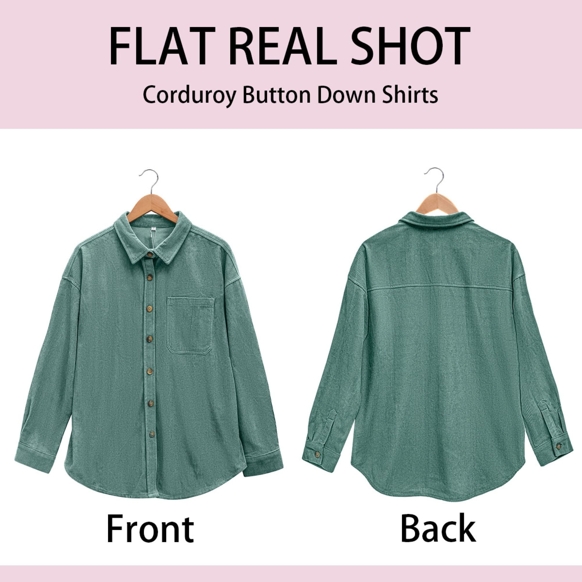 QIXING Womens Corduroy Oversized Shacket Button Down Boyfriend Shirts V Neck Cotton Long Sleeve Blouses with Pocket Casual Work Jacket for Women UK Ladies Tops Autumn Winter (Green, XXL)