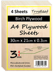 Trustleaf 3mm Birch Plywood A4-300x210x 3mm - (Pack of 4) Laserable Low Fume E1 Glue Ply…