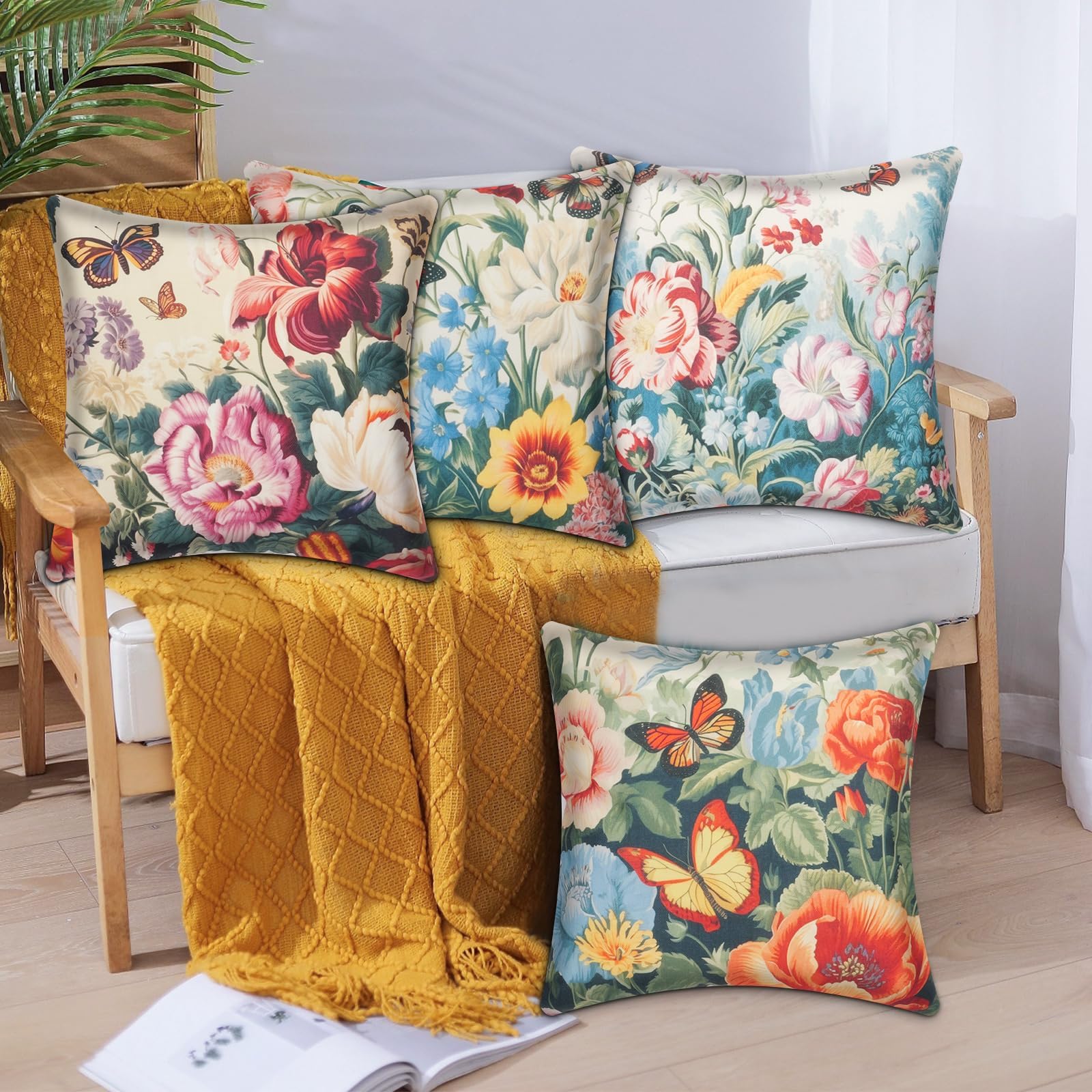 NAKURU Set of 4 Waterproof Cushion Covers Outdoor 45x45 CM, Modern Flower Throw Pillow Covers for Patio Furniture Porch Garden Cushion Waterproof Pillow Covers (C)