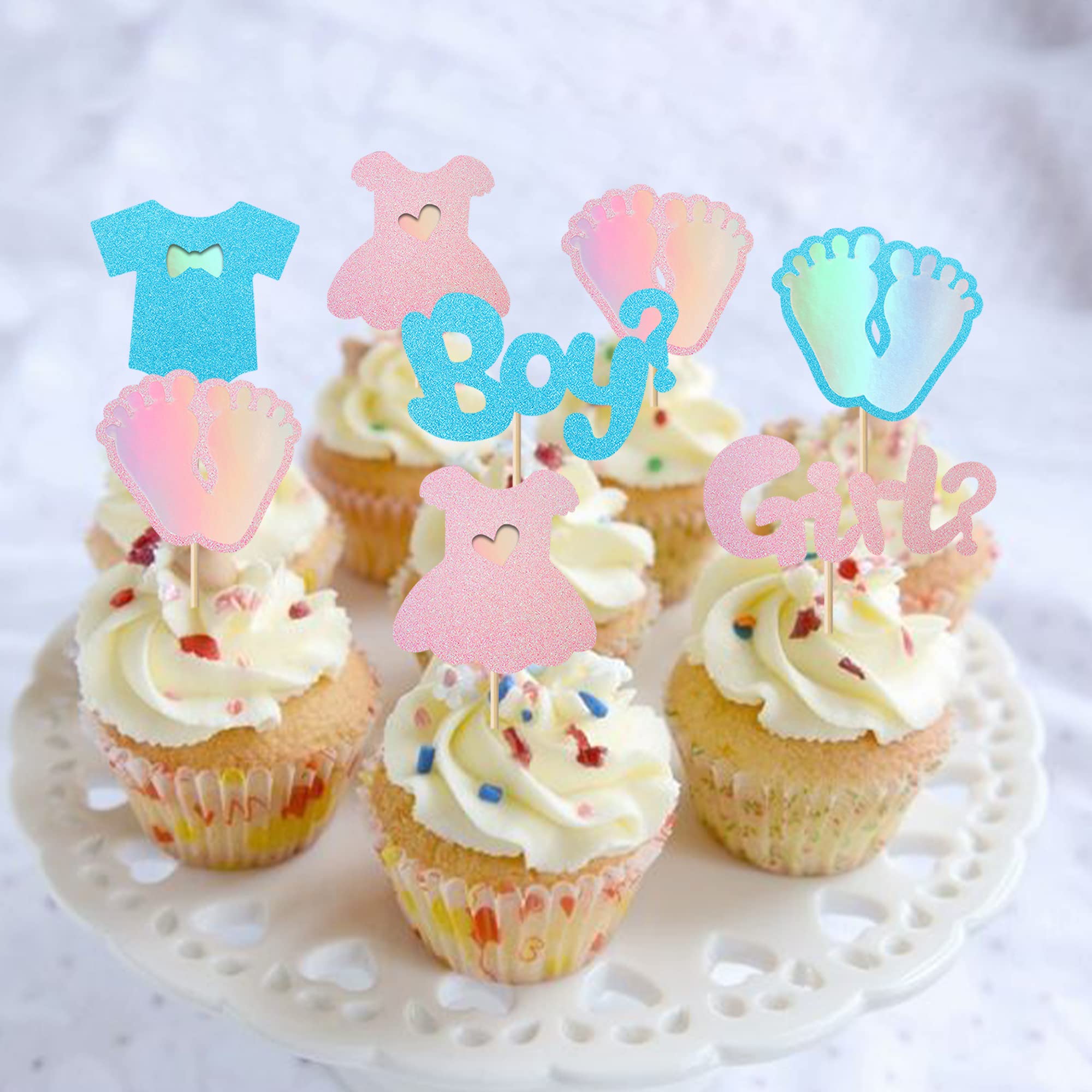 SYKYCTCY 24 Pack Boy or Girl Cupcake Toppers Gender Reveal Cupcake Picks Glitter Onesie Jumpsuit Cake Toppers Bow Tie Cake Decorations for Baby Shower Kids Birthday Theme Party Gradient