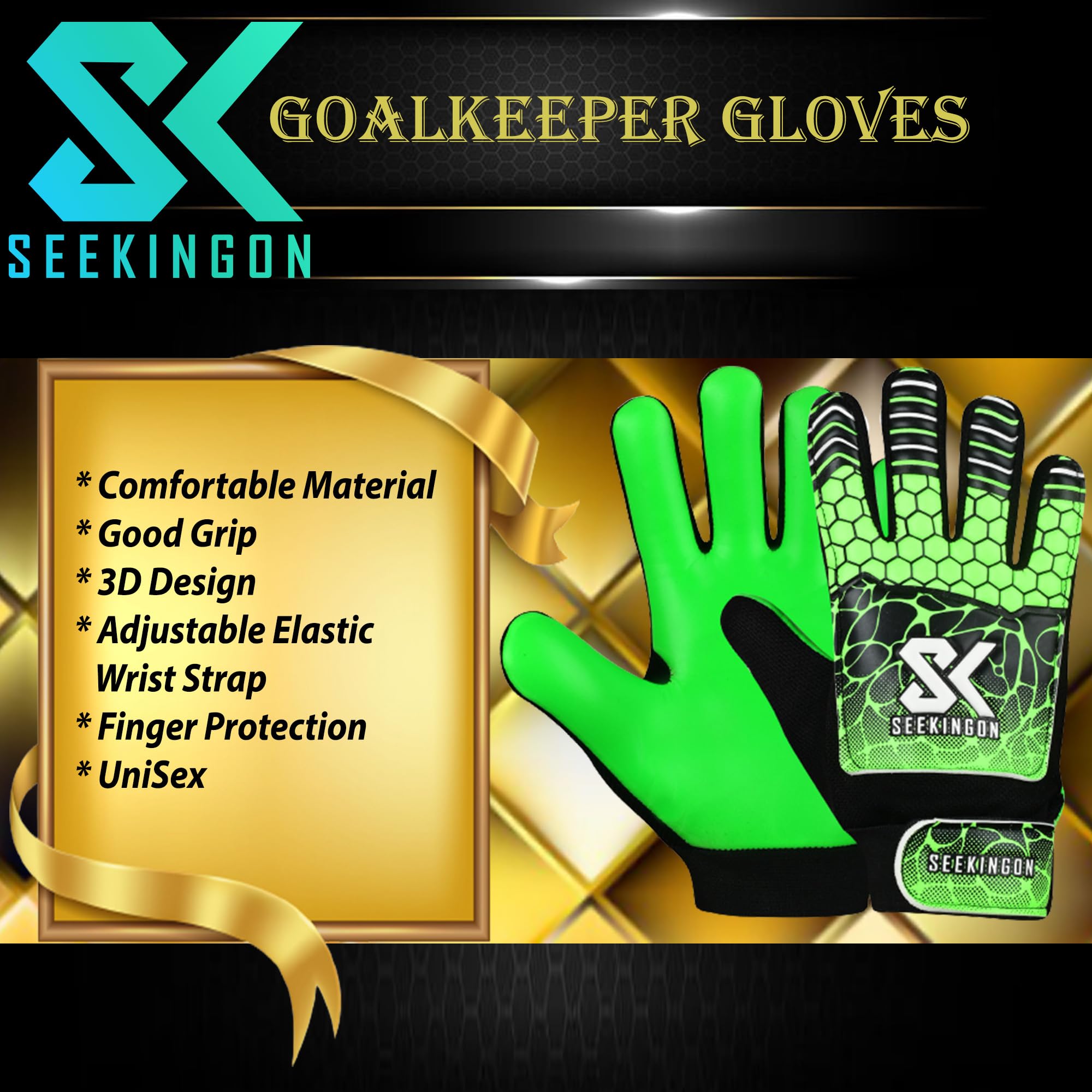 Seekingon Goalkeeper Gloves Kids, Children, Football Training Gloves with Premium Grip, Weather-resistant, Breathable, Latex Goalie Gloves Sizes 4/5/6/7 (Black/Green, 7 S-M Adult)