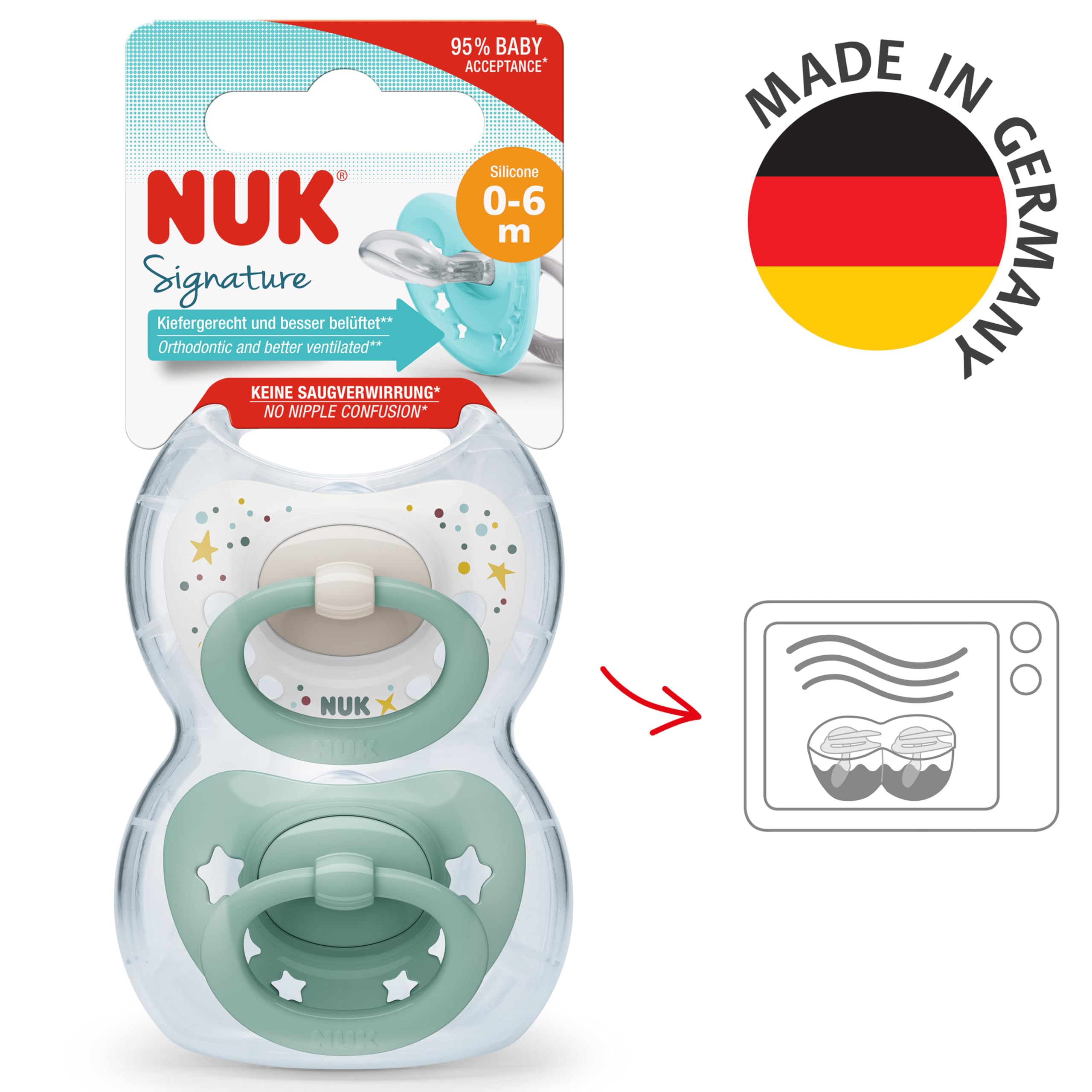 NUK Signature Baby Dummy   0-6 Months   Soothes 95% of Babies   Heart-Shaped BPA-Free Silicone Soothers   Includes Case   Green Stars   2 Count