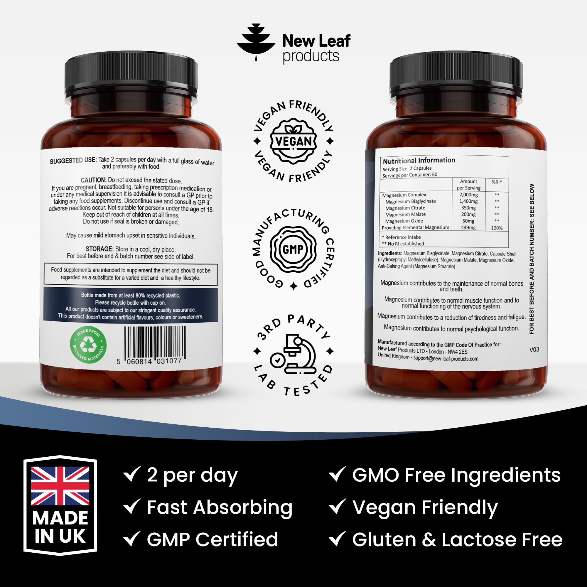 Magnesium Glycinate 4-in-1 Complex 2000mg - High Strength Magnesium Supplements - Magnesium Bisglycinate,Citrate, Malate, Oxide - 360 Capsules 449mg Elemental Magnesium - Vegan UK Made by New Leaf