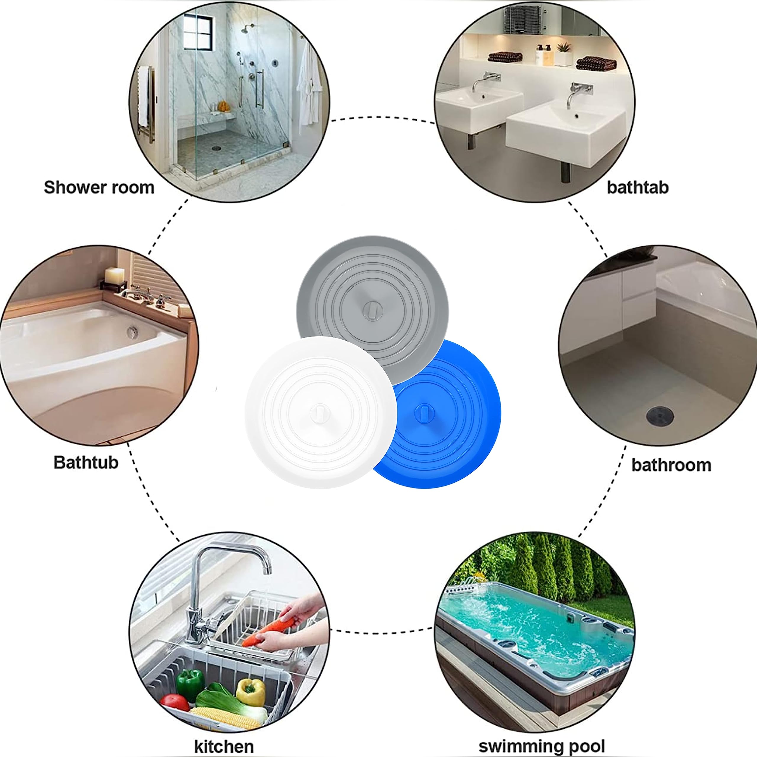 tifanso Universal Bath Stopper, Recyclable Silicon Drain Stopper   Upgraded Plug Cover for Kitchen Sink & Basin, Bathrooms and Laundries   6 inches (WhiteandGreyandAqua)