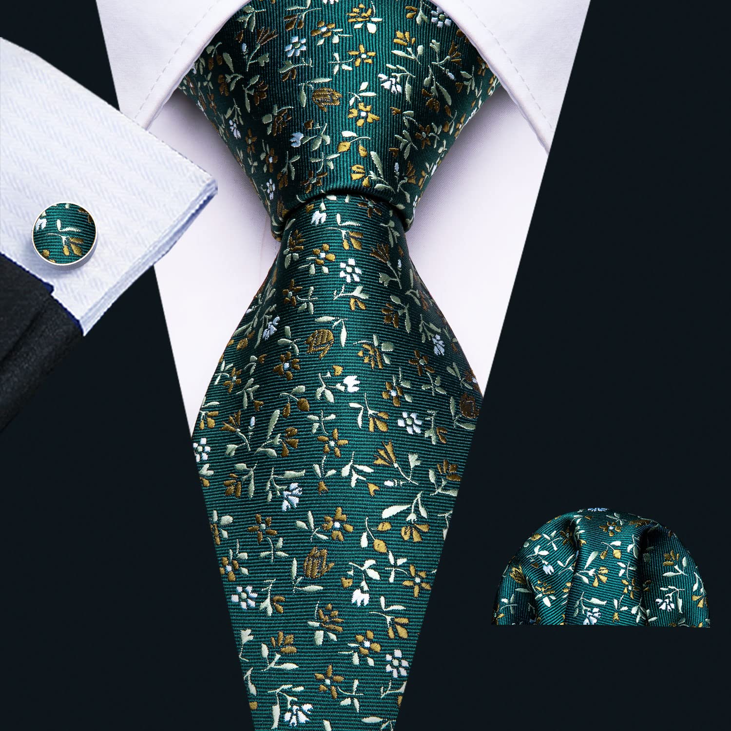 Barry.Wang Man Green Floral Necktie Set Silk Woven Solid Fashion Handkerchief Cuff Links Business Ceremony