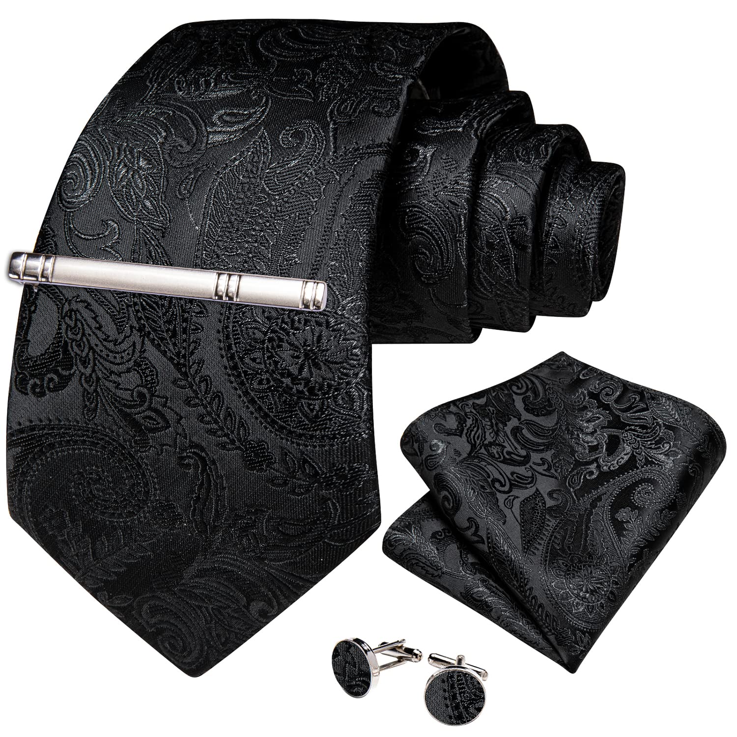 DiBanGu Gold Black Tie Set for Men Paisley Floral Silk Necktie and Tie Clip Pocket Square Cufflinks Set for Wedding Party Business