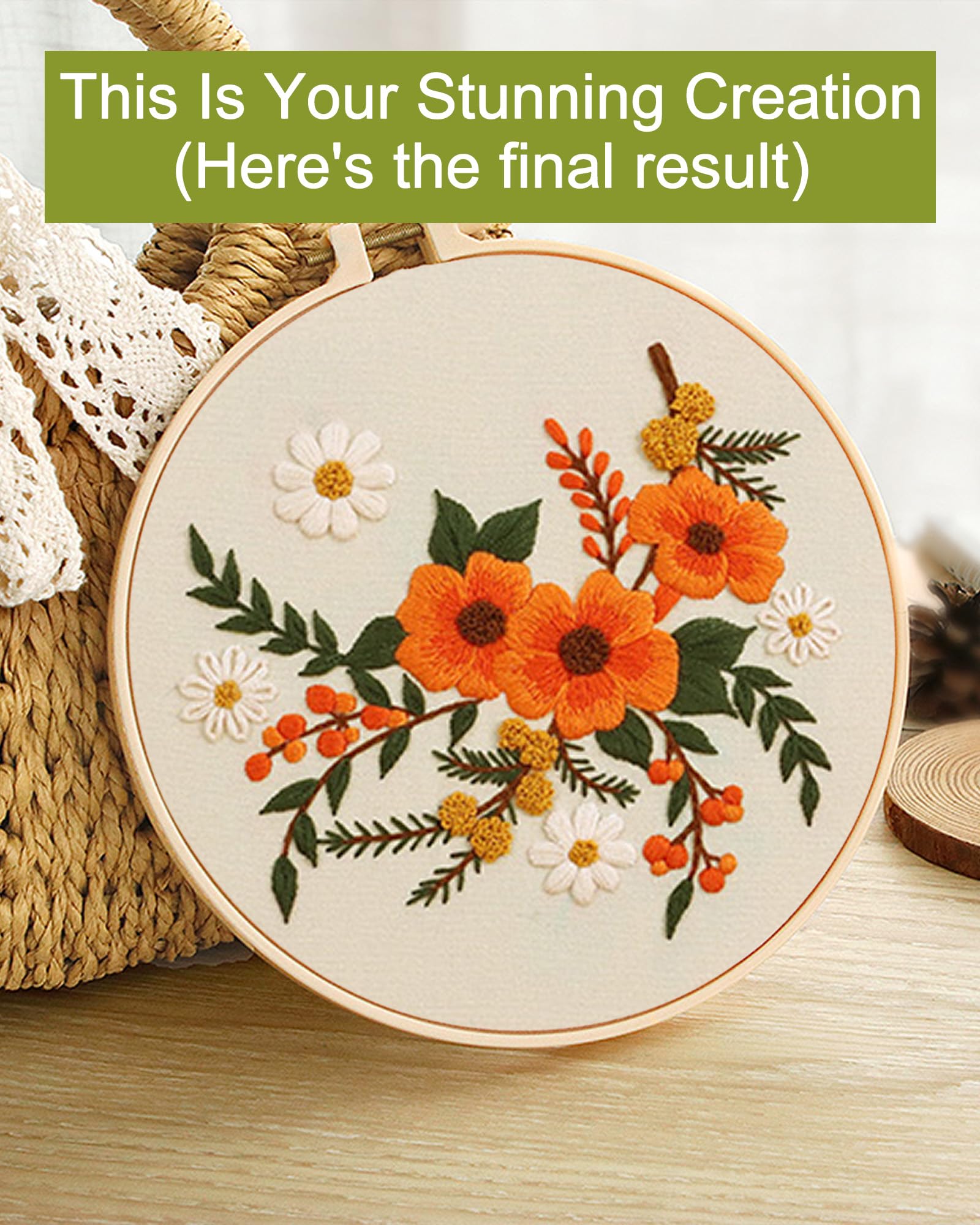 Jecanori Embroidery Starter Kit, 3 Pack Cross Stitch Kit with Floral or Plant Pattern and Instructions, Full Range of Embroidery Kits, Embroidery Hoops, Color Threads and Tool