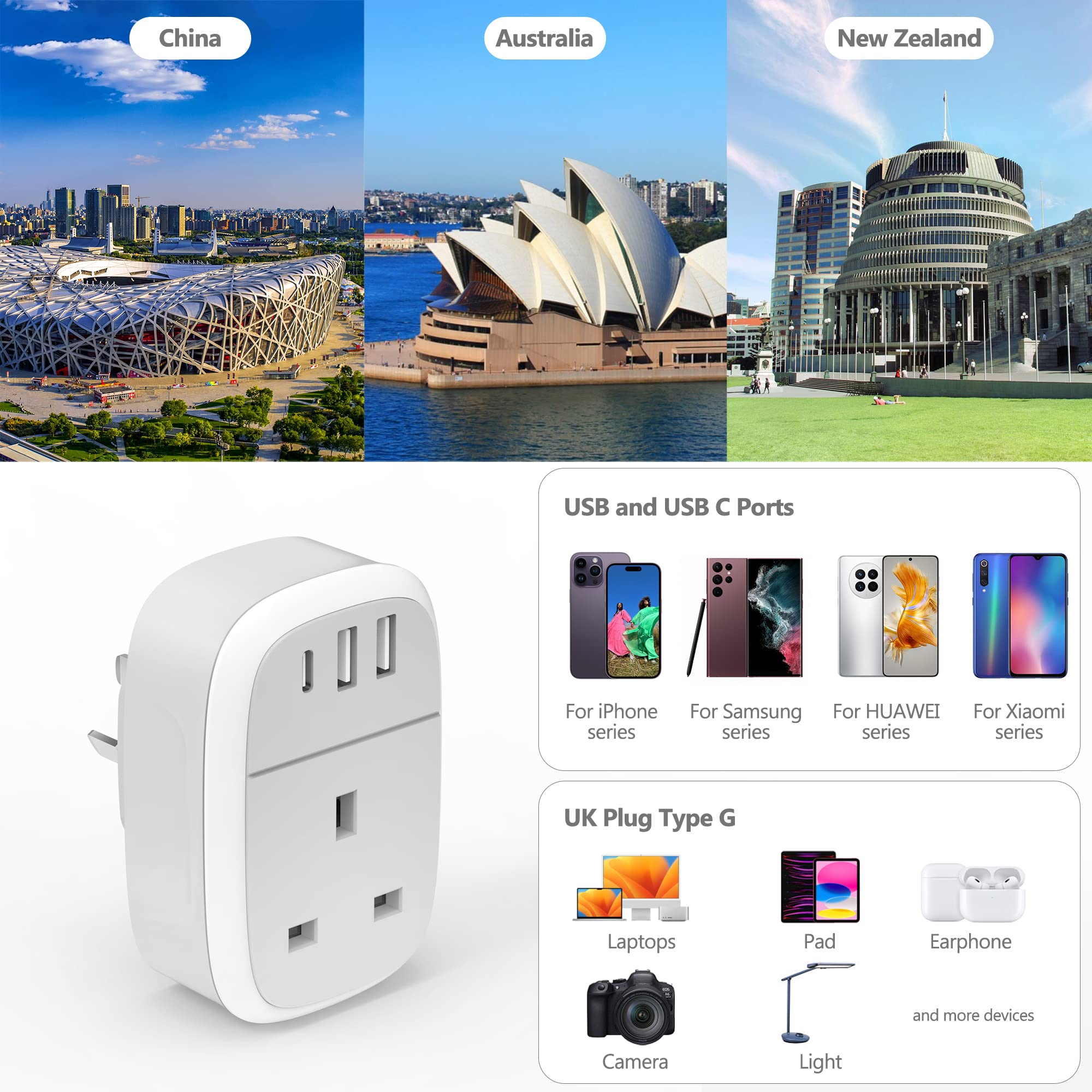 UK to Australia Plug Adapter, Australian China Travel Adaptor 32W USB C Fast Charger for New Zealand, 4 in 1 USBC AU Outlet for Phone Android Samsung, Type C Plug for Fiji Argentina AUS NZ (Type I)