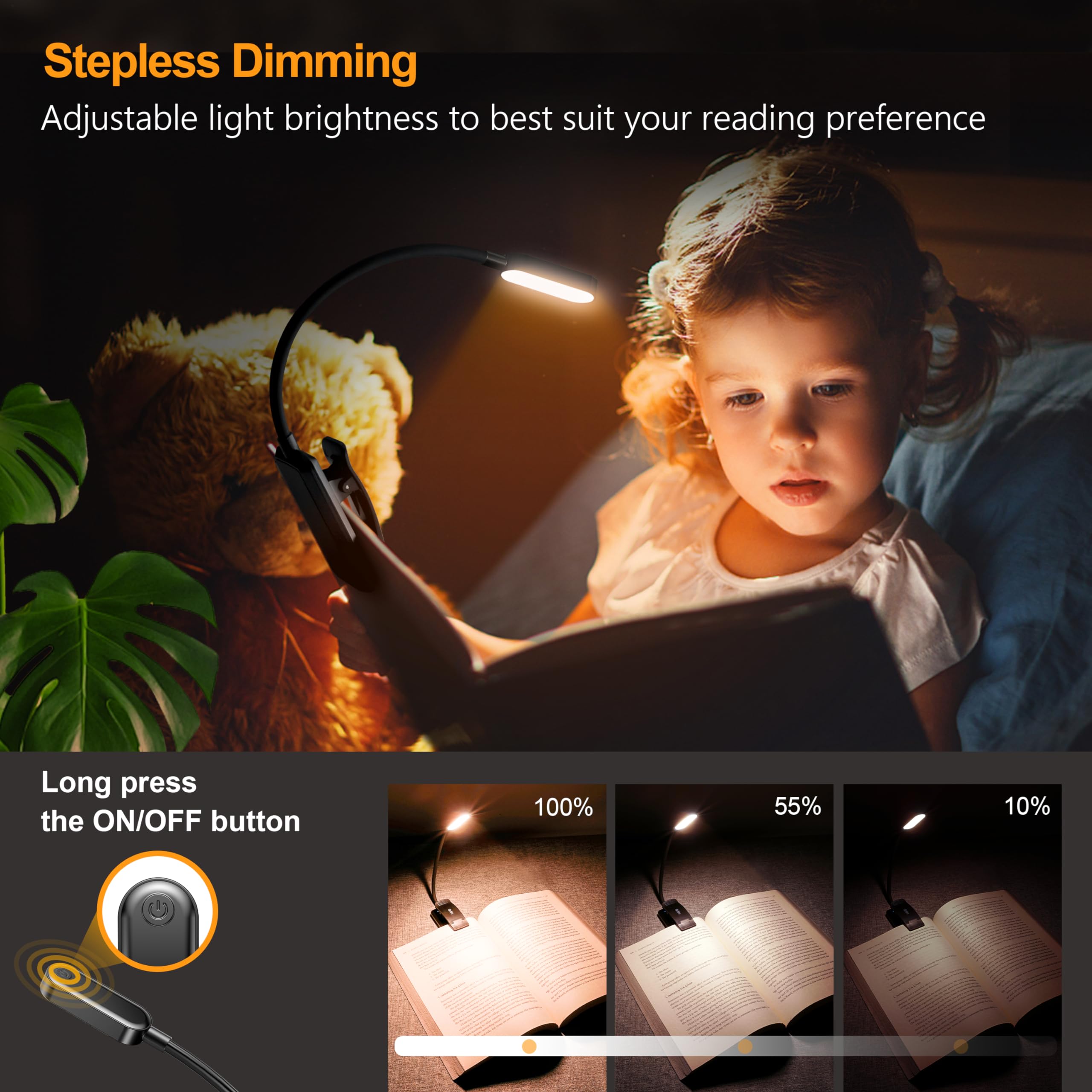 Gritin 16 LED Reading Light, Book Light 3 Eye-Protecting Modes Book Lamp (White/Amber/Mixed) - Stepless Dimming, Rechargeable, Long Battery Life, 4-Level Power Indicator, Flexible Clip on Book Light