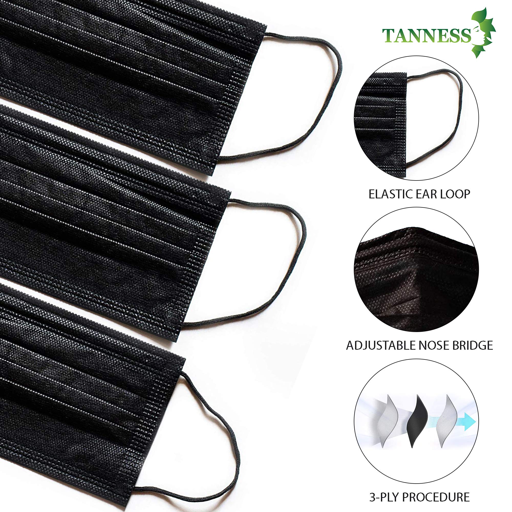 Tanness (Pack of 50) Black 3 Ply Safety Masks - Disposable Black Face Masks Protective 3 Ply Breathable Triple Layer Mouth Cover with Elastic Earloops UK