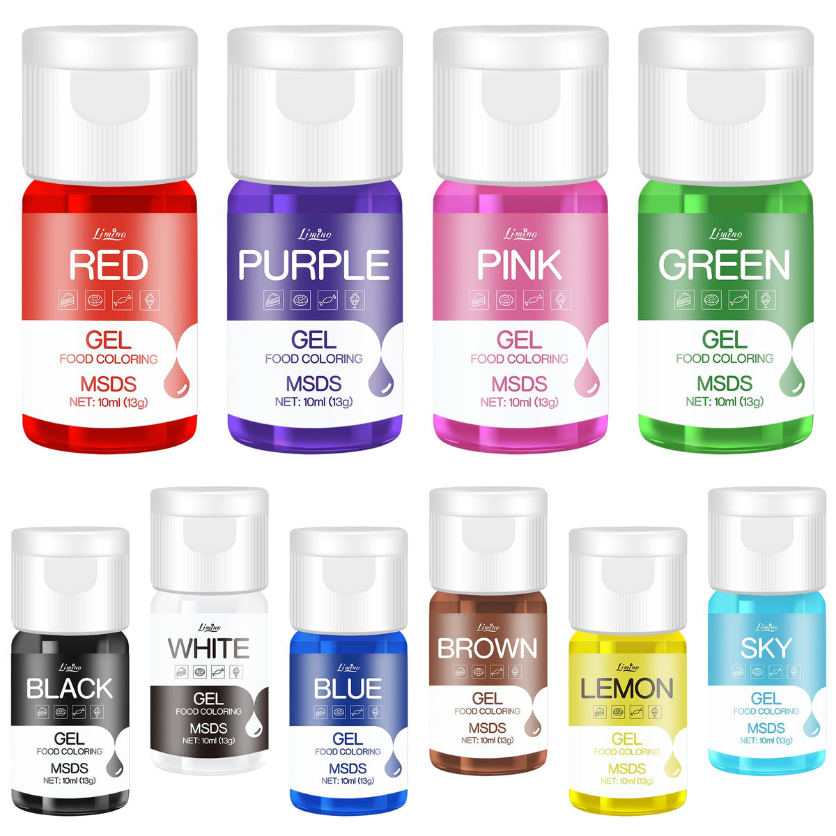 Gel Food Colouring - 10 Vivid Colours Gel Food Colouring Set for Baking, Cake Decorating, Cookie, Fondant, Macaron - Tasteless Concentrated Edible Food Colour Dye for Icing, Drinks, Crafts - 10ml Each