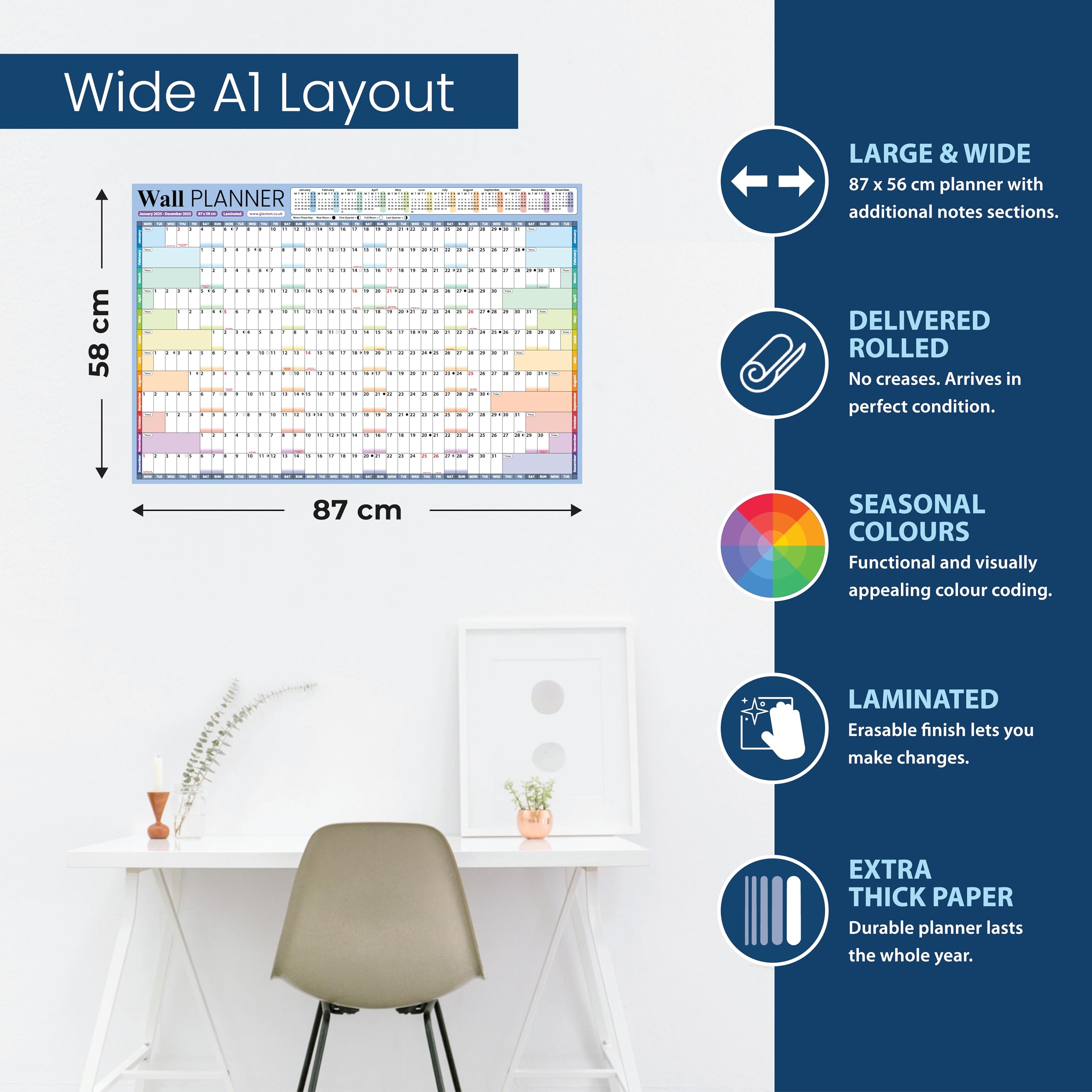 2025 Wall Planner Set Large A1 (90 x 58cm) Laminated Folded Thick Wall Calendar Includes Marker & Glue Dots for Mounting Runs Jan - Dec by Glacient