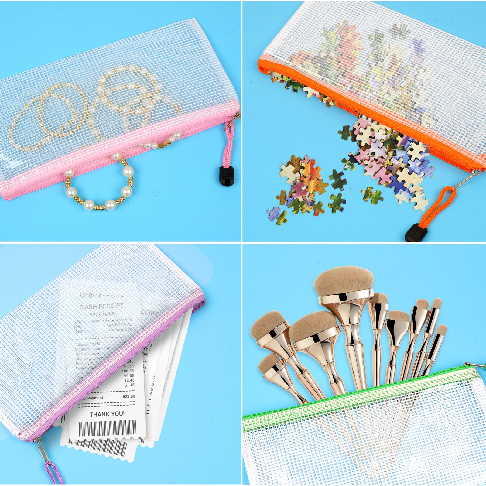 Pencil Case - Set of 12 Clear Zipper Pouches, Plastic Wallets, Waterproof Grid Design for Cards, Cash, Receipt, Stationery (240x110mm)