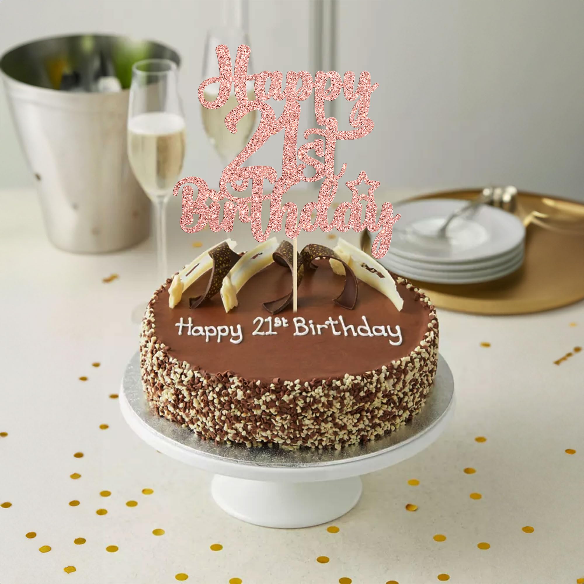 Gyufise 1Pc Happy 21st Birthday Cake Topper Glitter 21 & Fabulous Cheers to 21 Years Old Birthday Cake Pick for Celebrating 21st Birthday Anniversary Party Cake Decorations Rose Gold