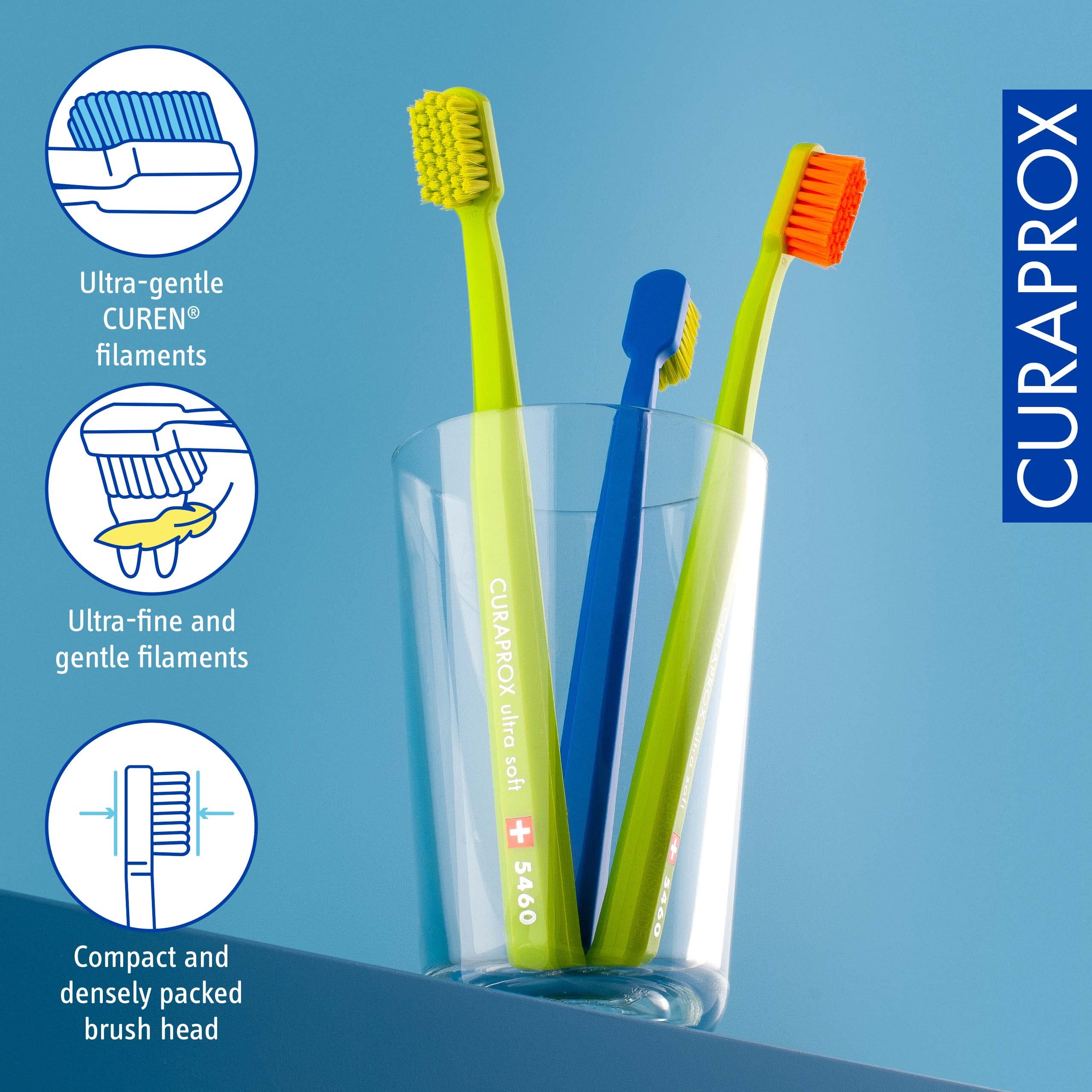 Curaprox Toothbrush Set CS 5460 - Pack of 3 Ultra Soft Manual Toothbrushes for Adults 5460 with Super Soft CUREN Bristles - Random Color