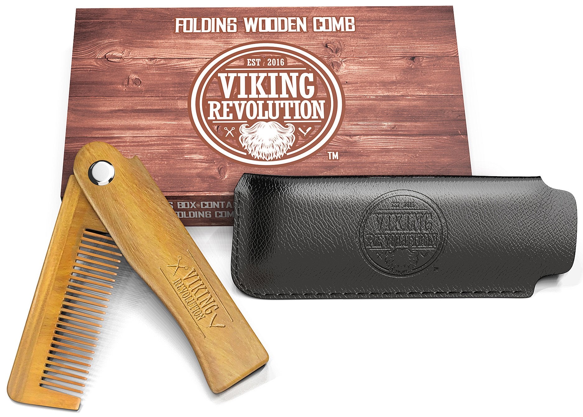 Folding Beard Comb for Men w/Carrying Pouch - All Natural Wooden Beard Comb w/Gift Box - Green Sandalwood Folding Comb for Grooming & Combing Hair, Beards and Mustaches by Viking Revolution