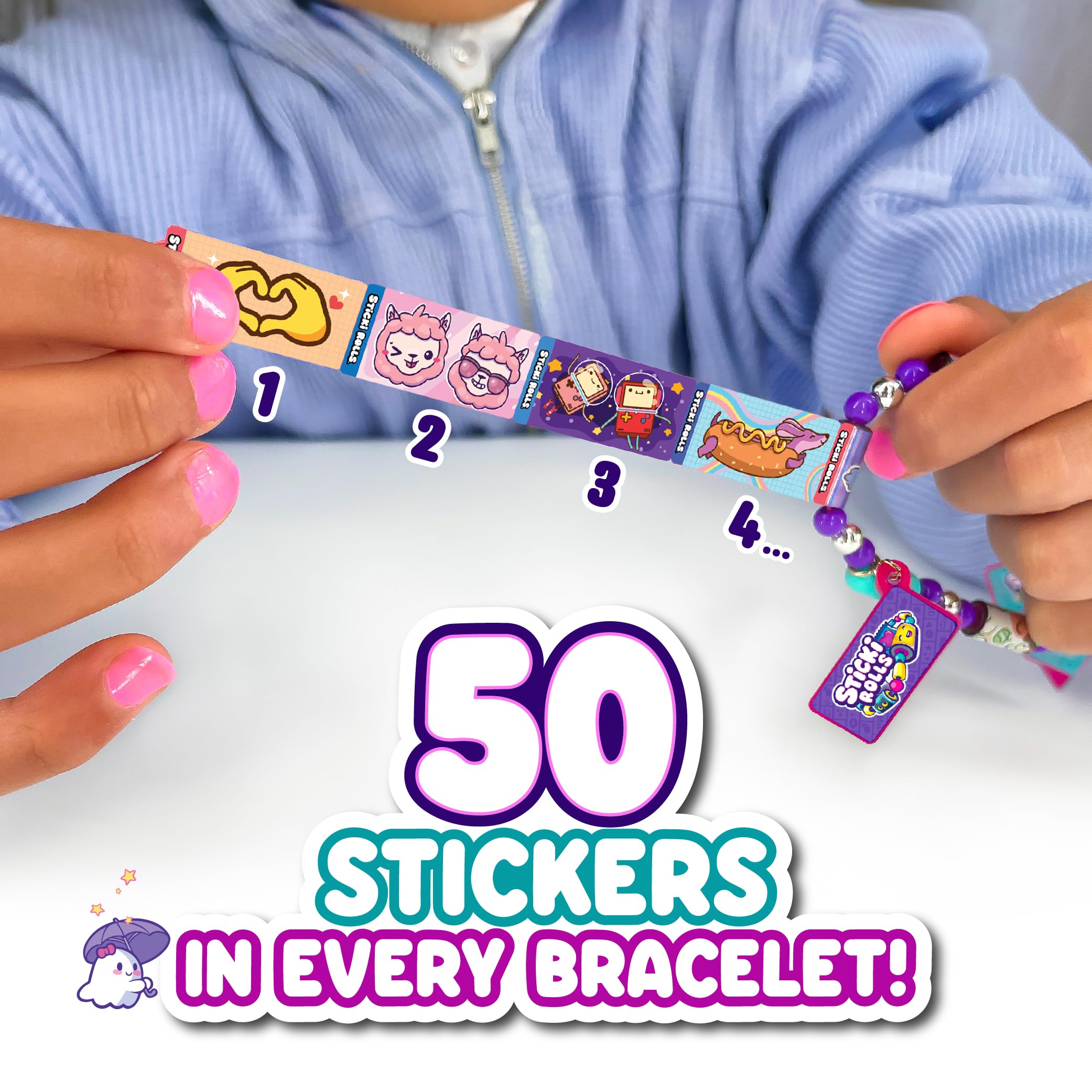 Sticki Rolls Sticki Bands, Wearable & Shareable Sticker Bracelet, 70 Mini Stickers, Assorted colours and styles