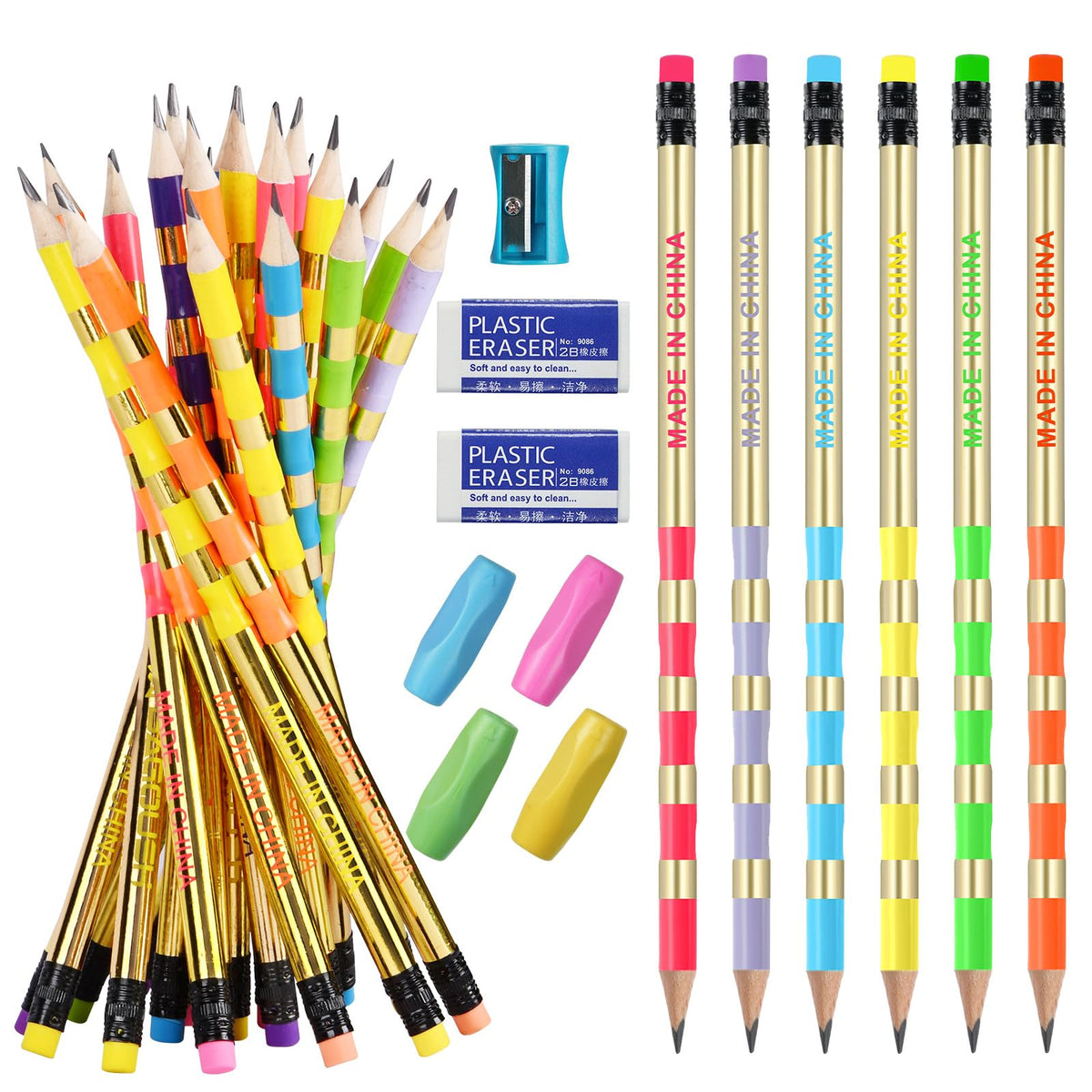 OFFCUP HB Pencils, 30pcs Pencils with Rubbers, Presharpened Pencil Writing Pencils with Rubbers on The End with 4 Pen holders, Pencil Sharpener and Rubbers for Children Handwriting and Drawing Gourd