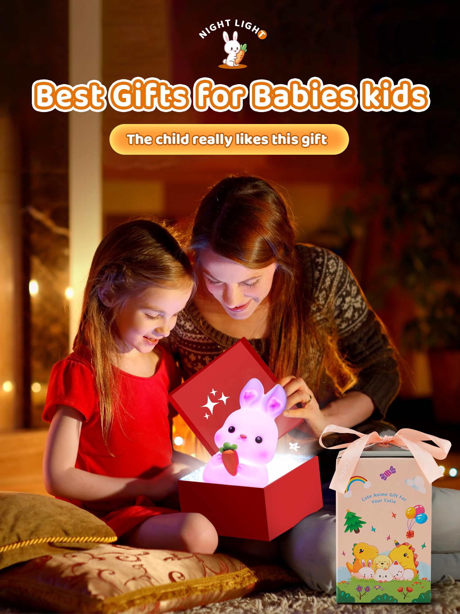 One Fire Bunny Night Light Kids,16 Colorsand5 Brightness Baby Night Light Kids Night Light Bedroom,RemoteandPortable Kids Night Light Baby Night Light Newborn,RechargeableandColdless Girls Night Light Kids