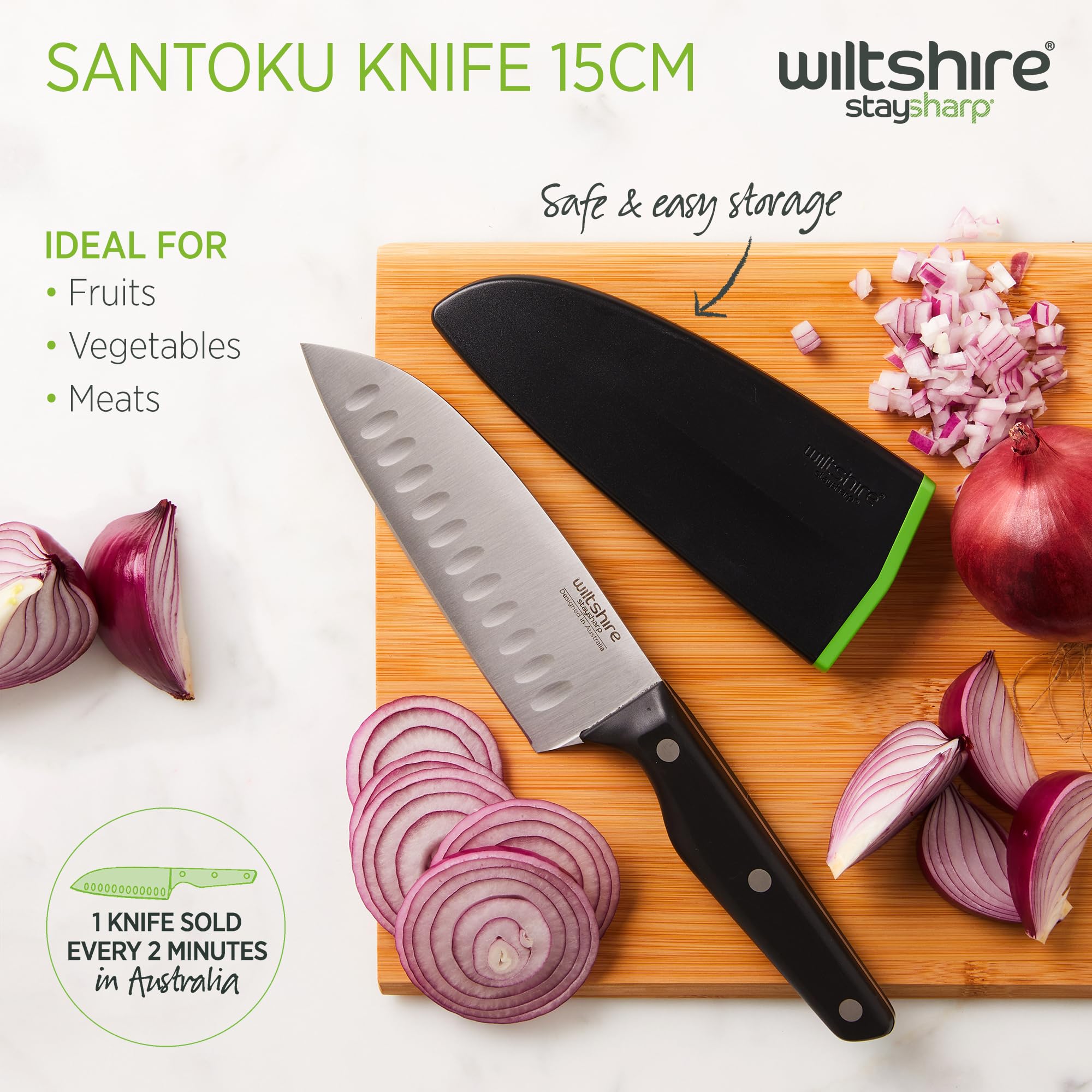 Wiltshire Staysharp Triple Rivet Santoku Knife 15cm6,Kitchen Knife with Built-in Sharpener,Keep Your Knife Sharp at All Times,Slim Design Scabbard,Ergonomic Triple Rivet Handle,10 Year Guarantee