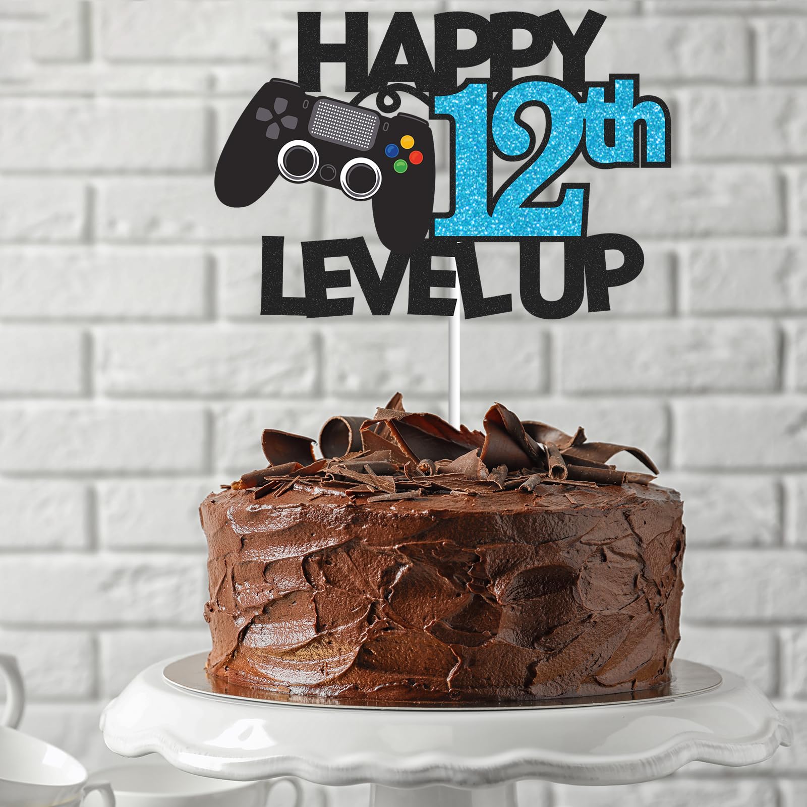 Gidobo 12th Birthday Cake Toppers, Black Glittery Cake Decorations with Controllers Themed, Twelve Years Old Level Up Video Game Birthday Party Supplies for Boys